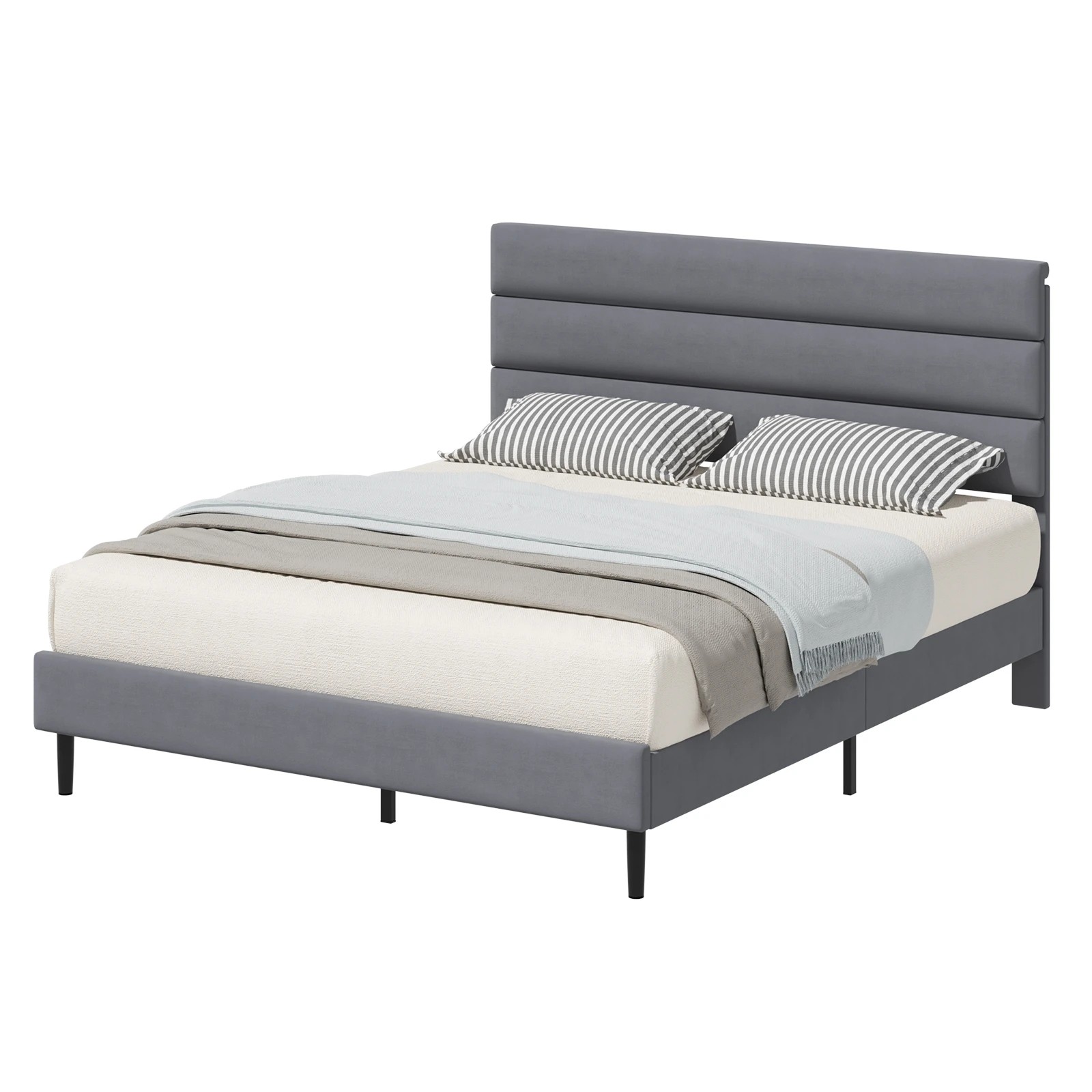 1 Advwin Queen Velvet Upholstered Bed Frame with Wooden Slats - Grey, 1 of 7