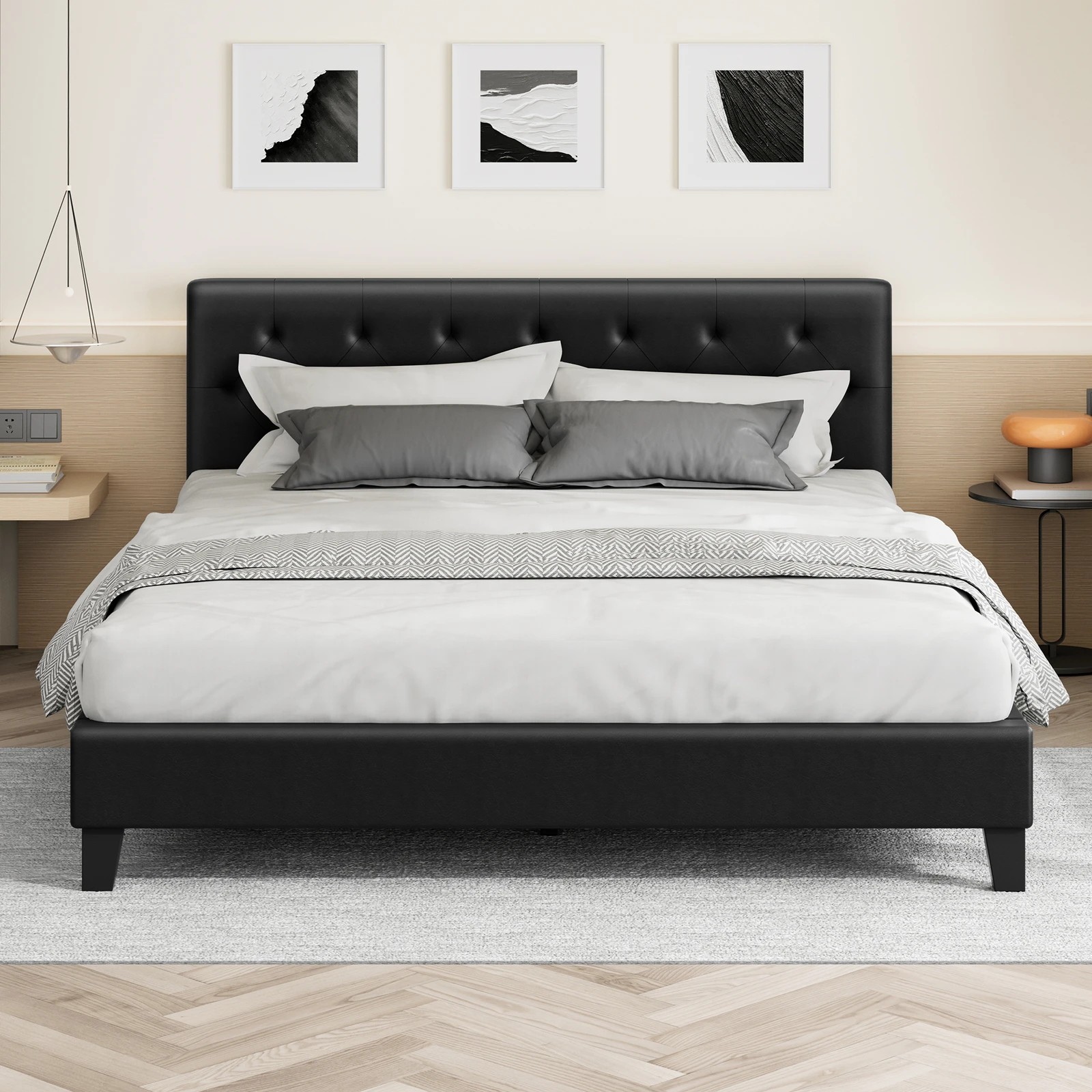 3 Alfordson Bed Frame Double Size Wooden Base Platform Leather Madelyn - Black, 3 of 10