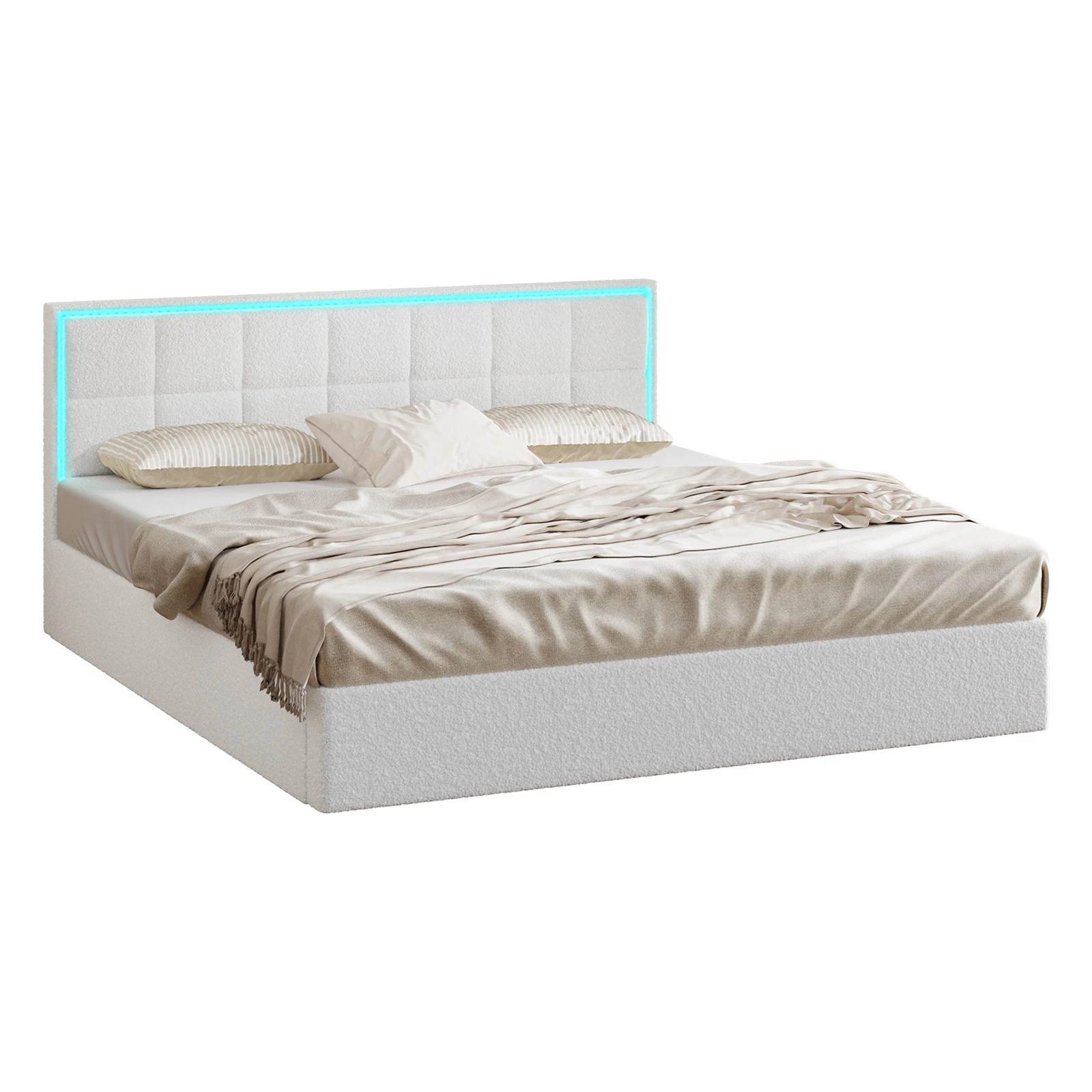 1 Oikiture Bed Frame King Size RGB LED Gas Lift Storage Base Boucle - White, 1 of 9