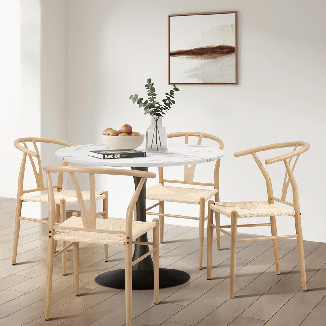 3 Oikiture 2x Dining Chair Metal Hans Wegner Chair Wishbone Cafe Lounge
 - Beige, 3 of 10