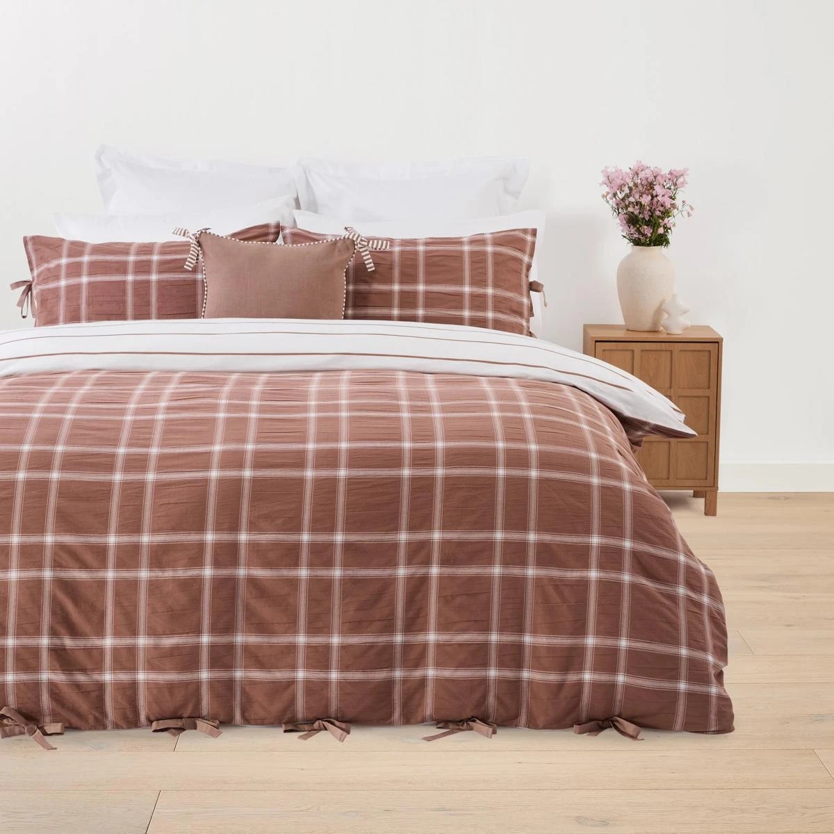 1 Check Cotton Reversible Quilt Cover Set - Queen Bed, Mocha, 1 of 9