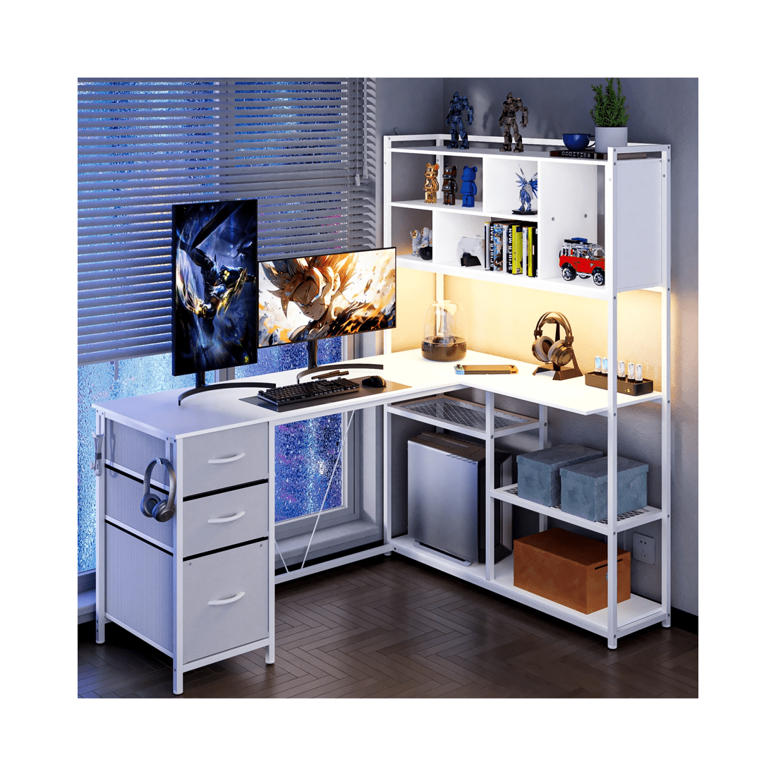 9 Advwin L Shaped Gaming Desk With Led Lights Reversible 148cm Computer Desk With 3 Drawers And Bookshelf White, 9 of 9