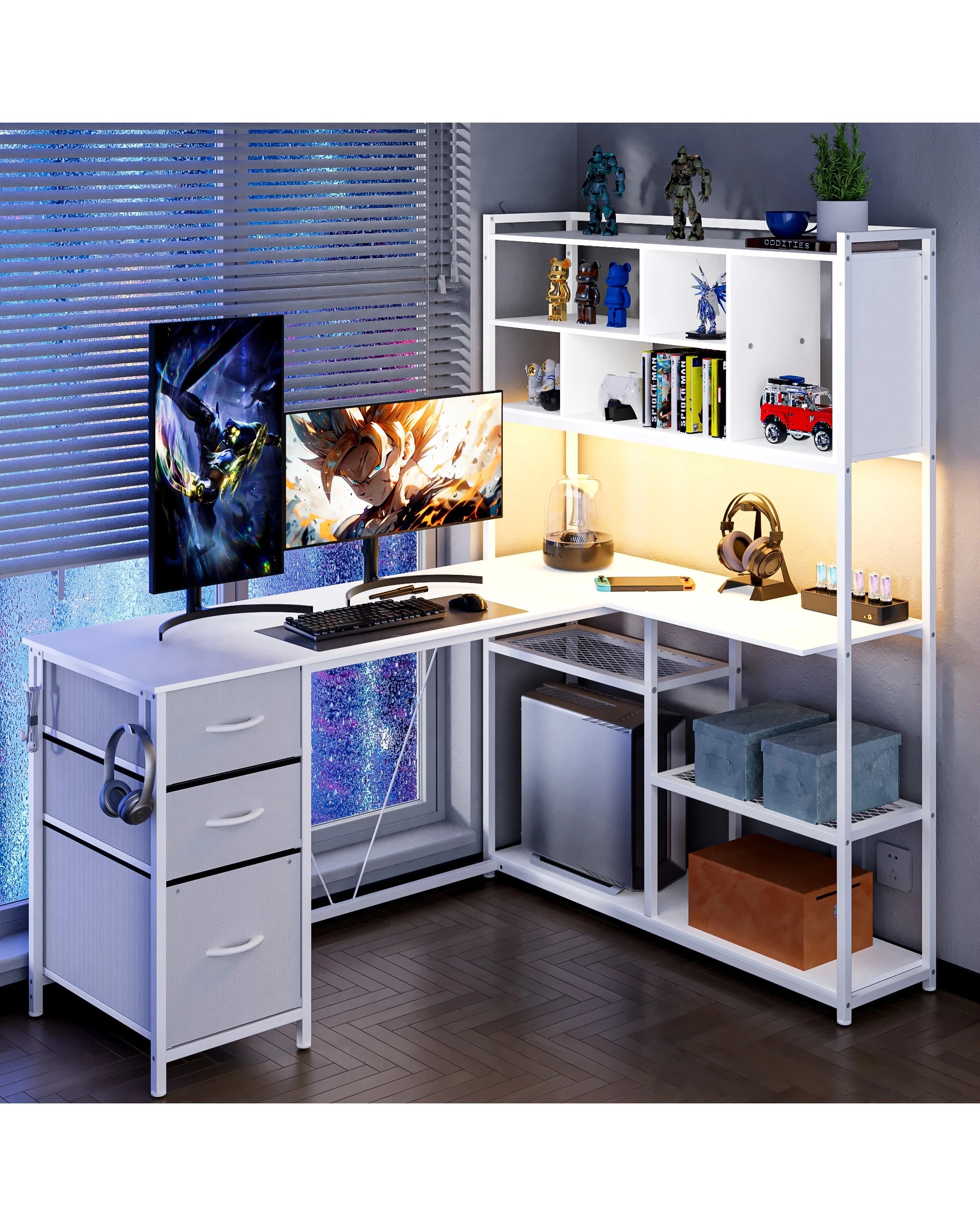 9 Advwin L Shaped Gaming Desk With Led Lights Reversible 148cm Computer Desk With 3 Drawers And Bookshelf White, 9 of 9