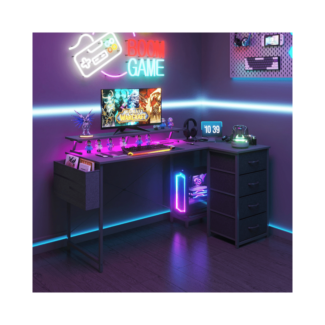 10 Advwin L Shaped Gaming Desk 140cm With Led Lights & Power Outlets Convertible Computer Desk With Monitor Stand Black, 10 of 10