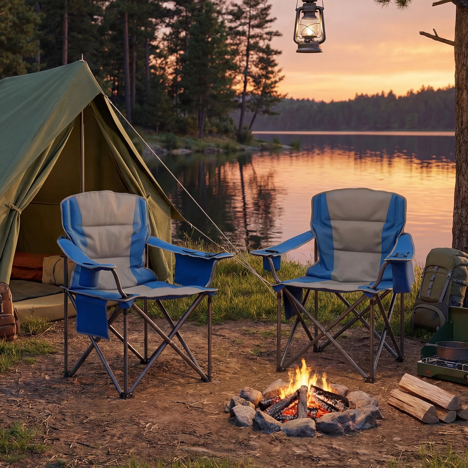 1 Costway Folding Camping Chair Portable Outdoor Padded Armchair w/Zippered Cooler - Blue, 1 of 3