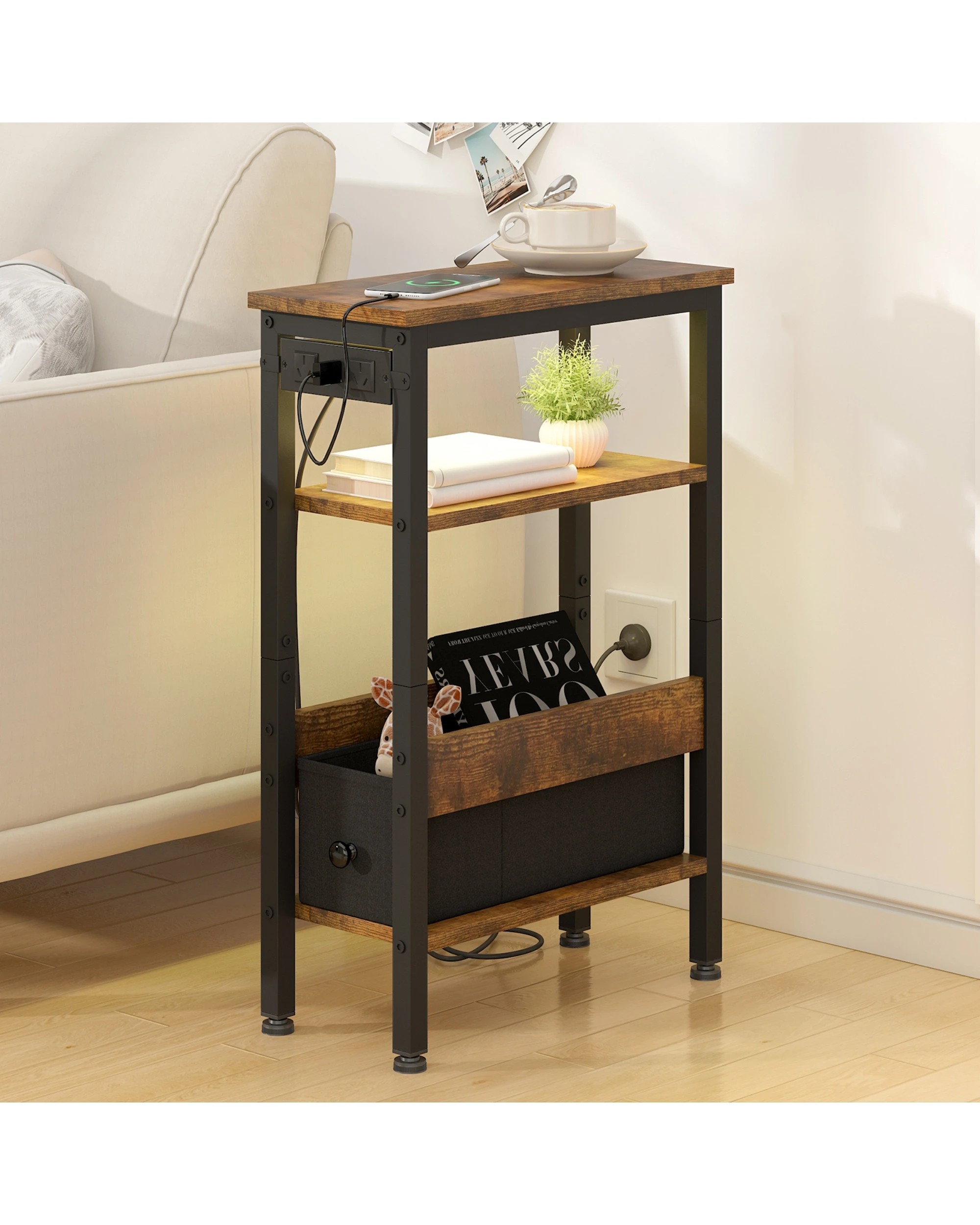 7 Advwin LED  Bedside Tables Set of 2 w/ Open Drawer & Open Shelf - Brown, 7 of 9