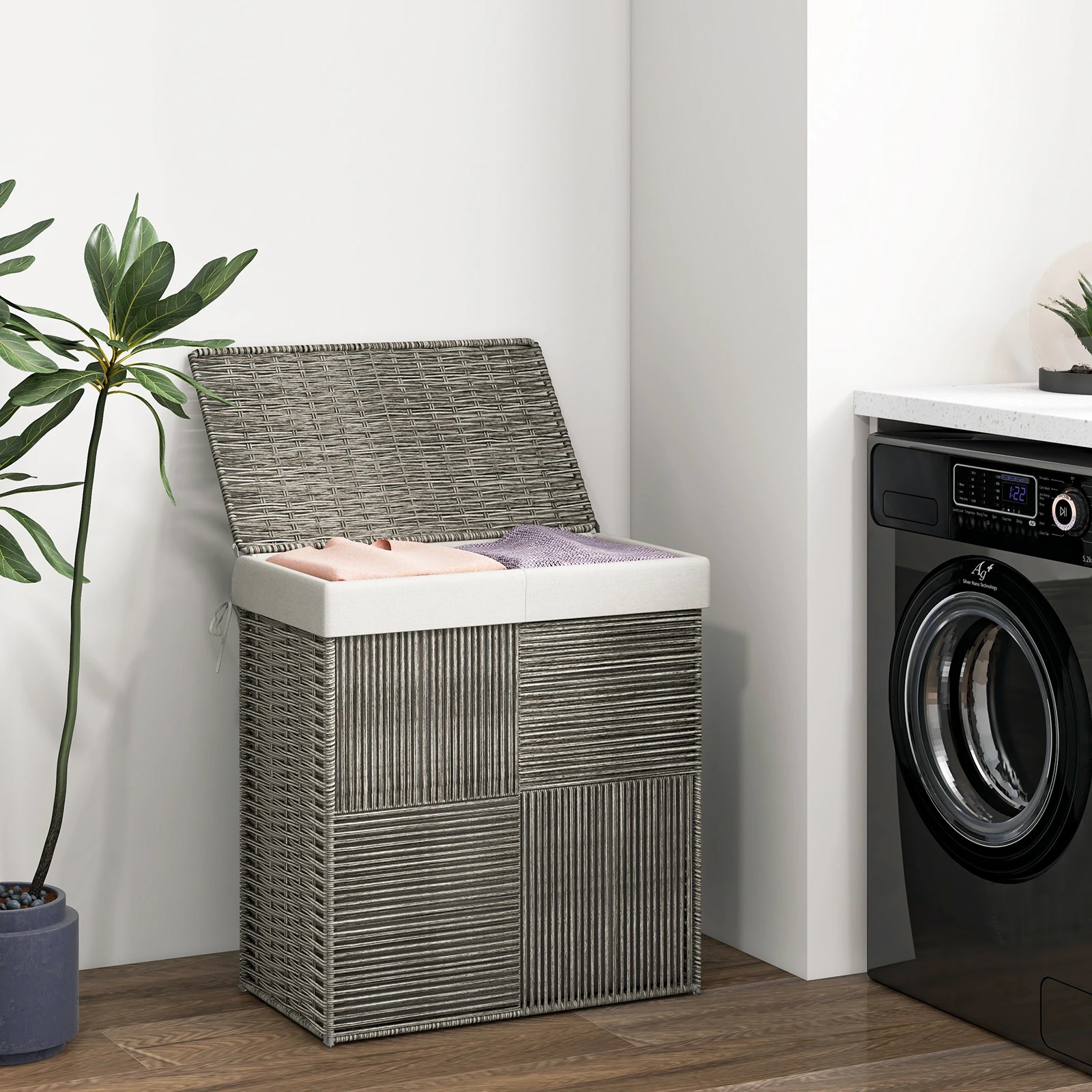 2 Costway 2-Section Laundry Hamper 110L Rattan Clothes Basket w/Removable Liner Bag, 2 of 3