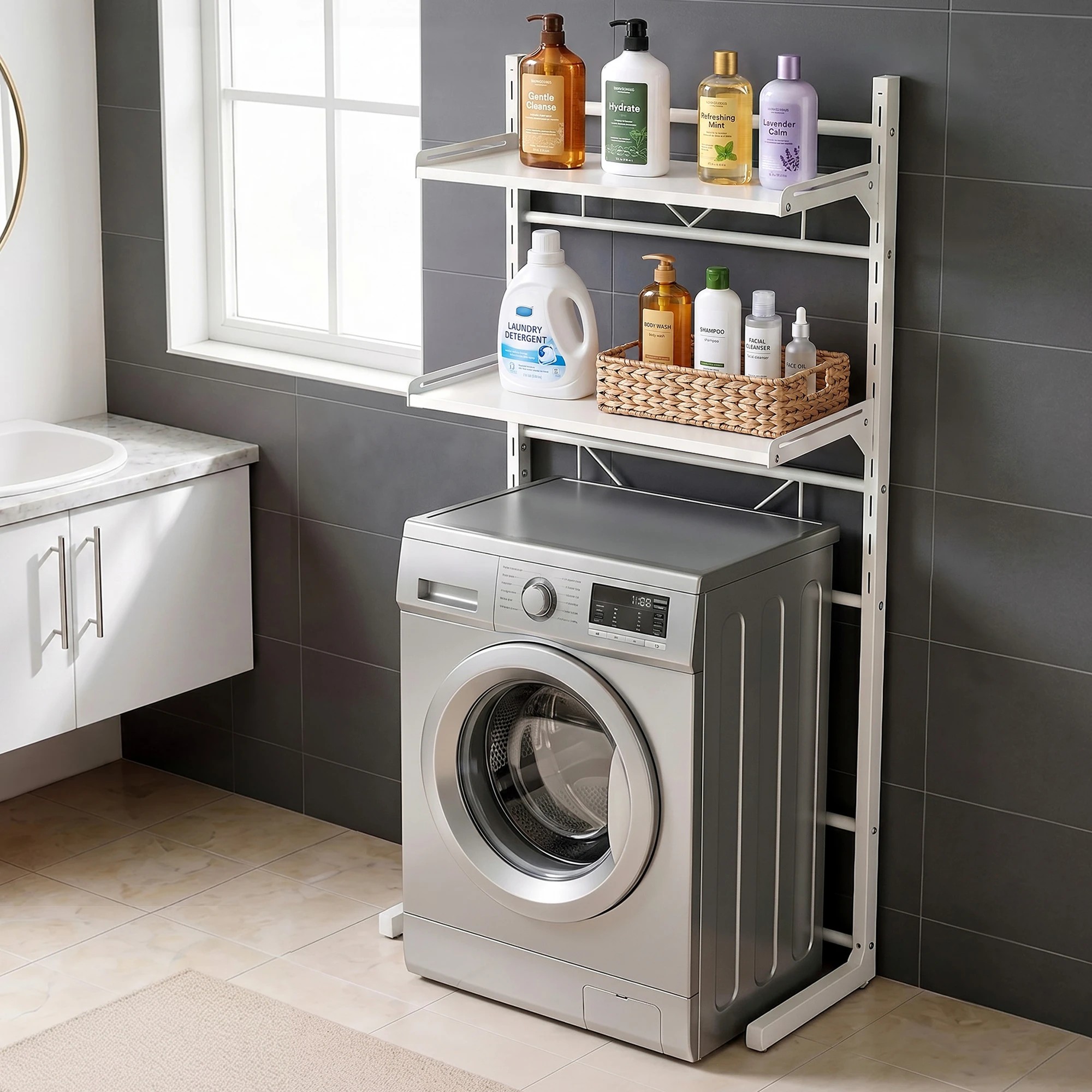2 Artiss Over Toilet Storage Washing Machine Rack Laundry Shelf 2 Tier Organiser - White, 2 of 8