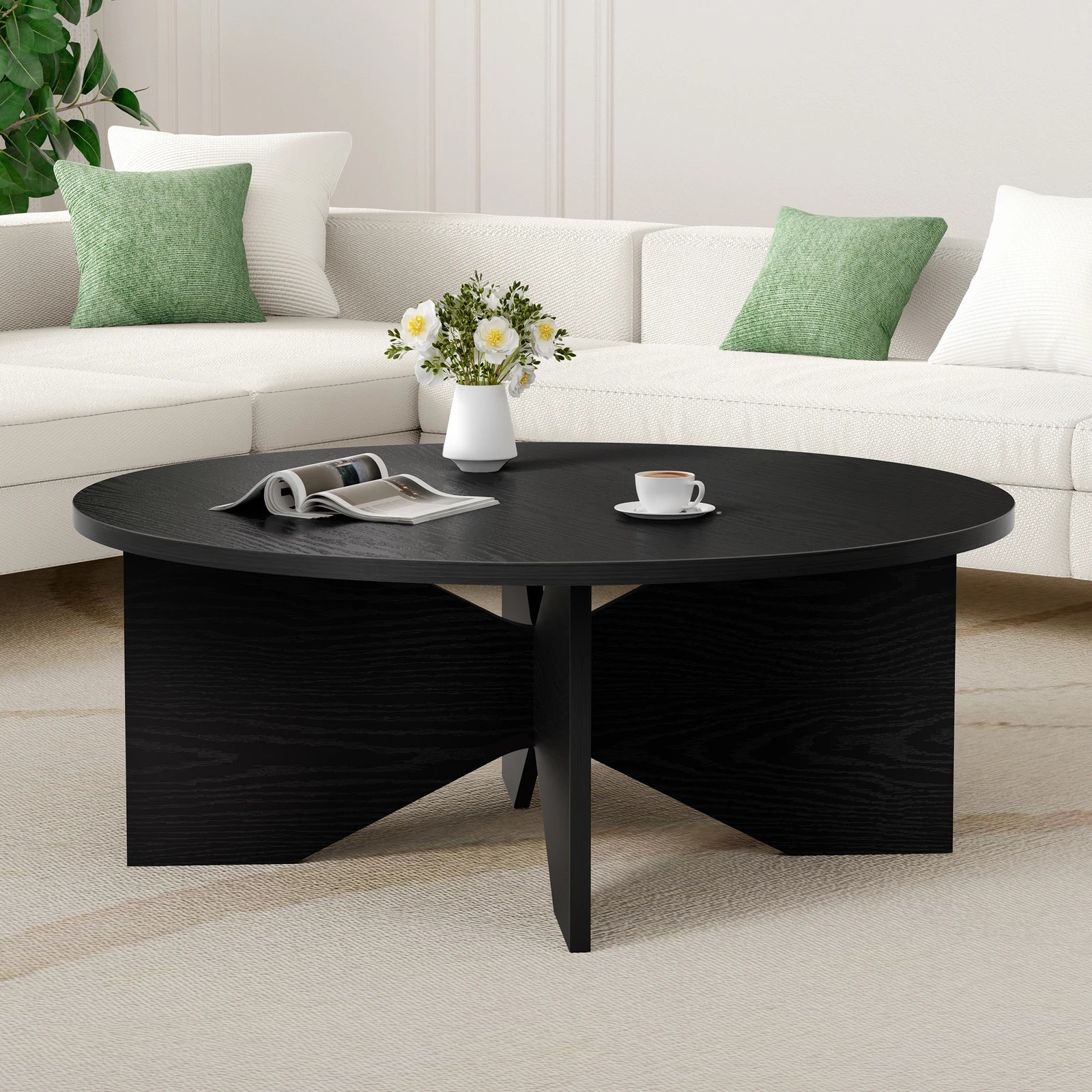 2 Alfordson Coffee Table Modern Round Table X-shape Wooden Legs Living Room - Oak, 2 of 10