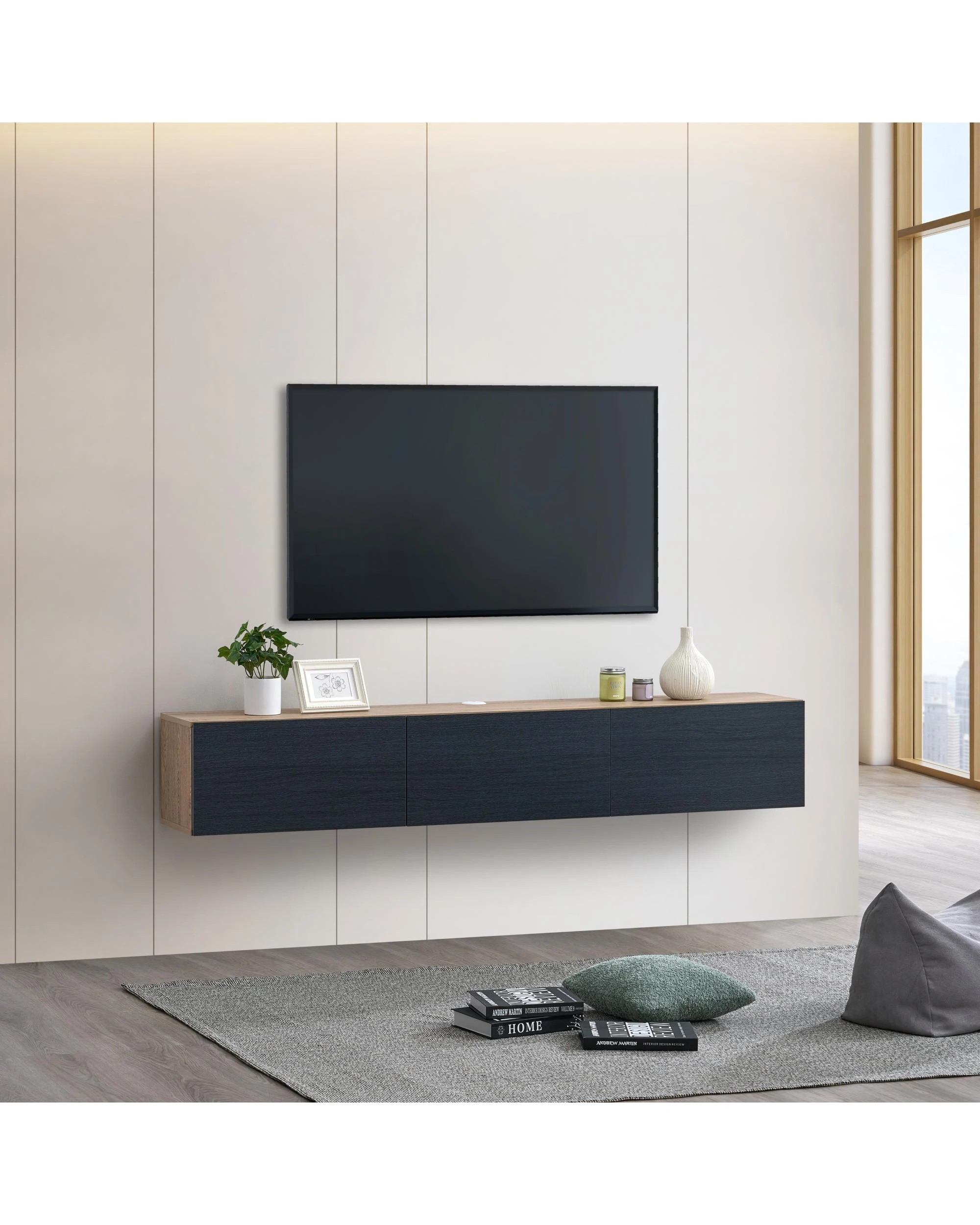 3 Kodu Wall Mount Entertainment TV Unit Floating 3 Doors 180cm Black and Oak - Natural, 3 of 7