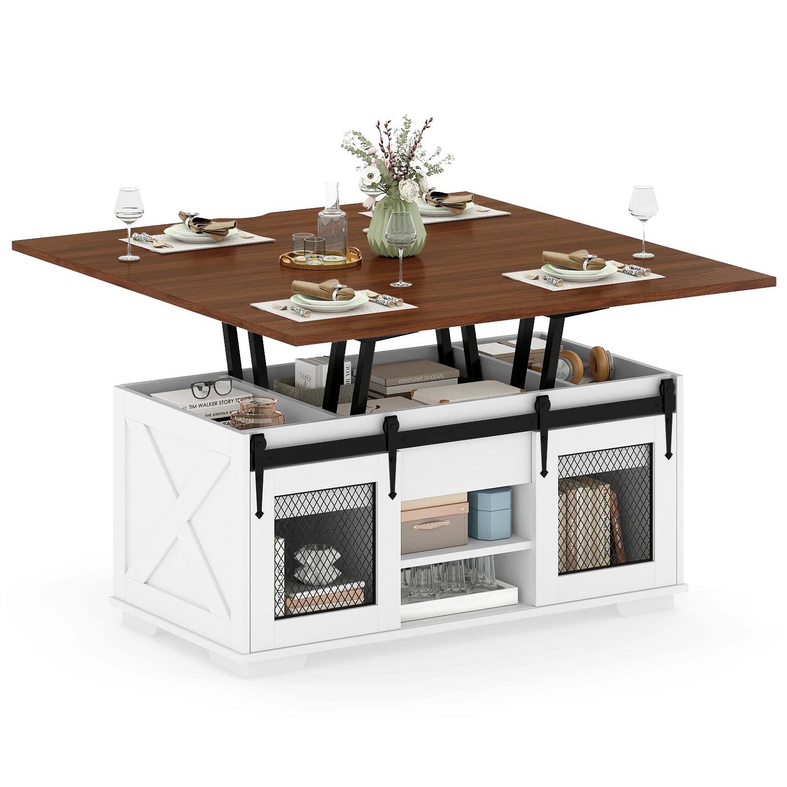 7 Costway Lift Top Coffee Table 3-in-1 Dining Table Farmhouse Center Table - Brown, 7 of 7