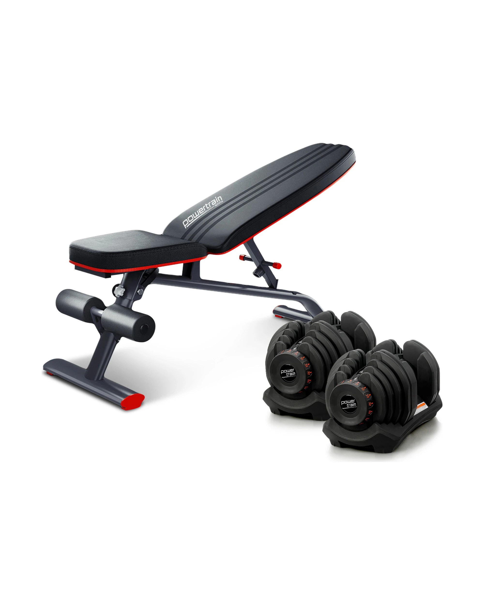1 Powertrain 80KG Adjustable Dumbbell Set with FID Weight Bench - Black, 1 of 10