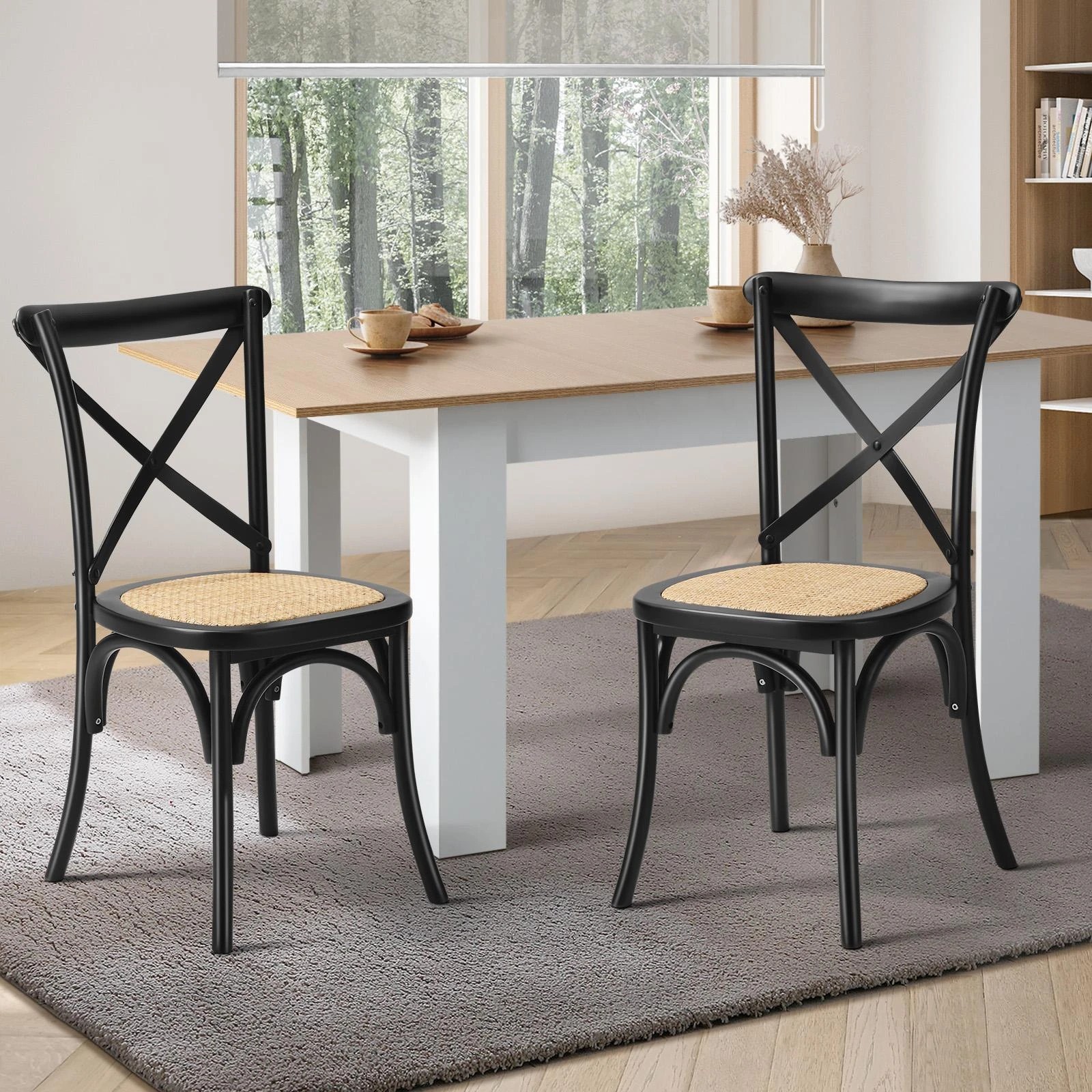 2 Oikiture 2pcs Crossback Dining Chair Solid Birch Timber Wood Ratan Seat
 - Black, 2 of 10