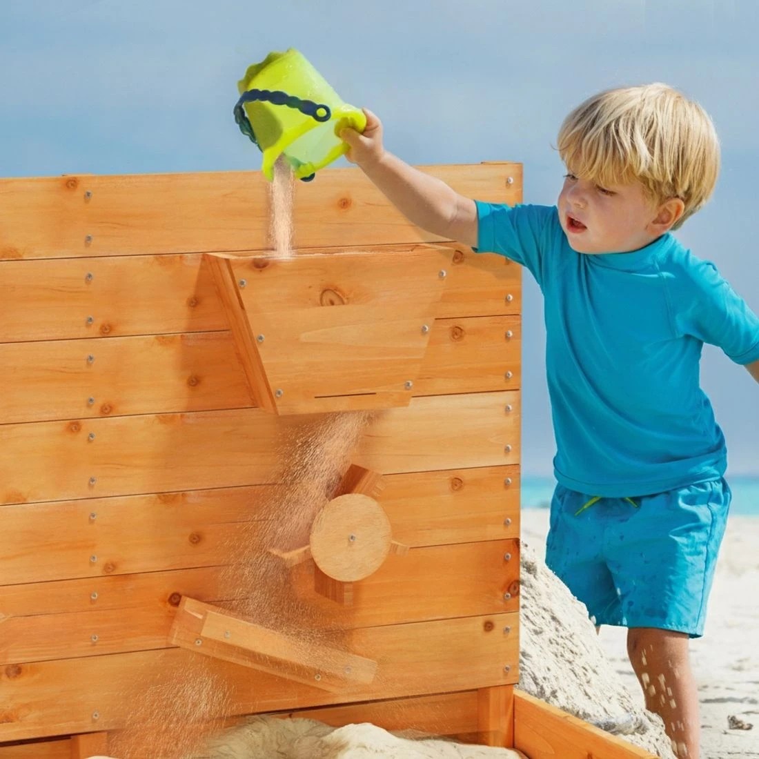 3 Keezi Kids Sandpit Wooden Sandbox Sand Pit with Cover Funnel Outdoor Toys 120cm - Natural, 3 of 4