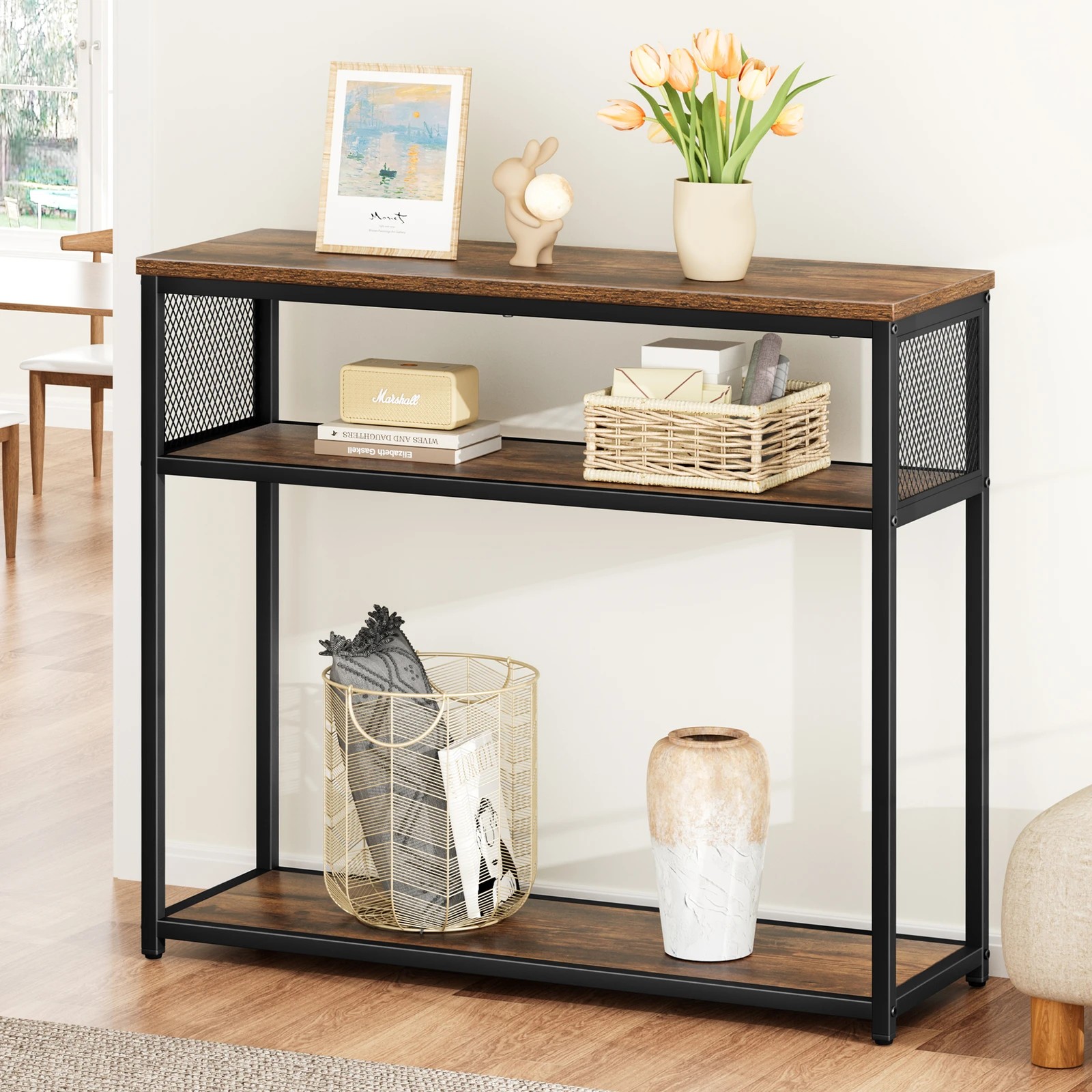 2 Alfordson Console Table Entry Storage Rack Industrial Wooden 3-tier Shelf - Oak, 2 of 10