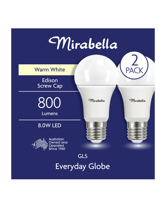 2 Pack I004005 Mirabella LED GLS ES 8W 800 Lumen - Warm White