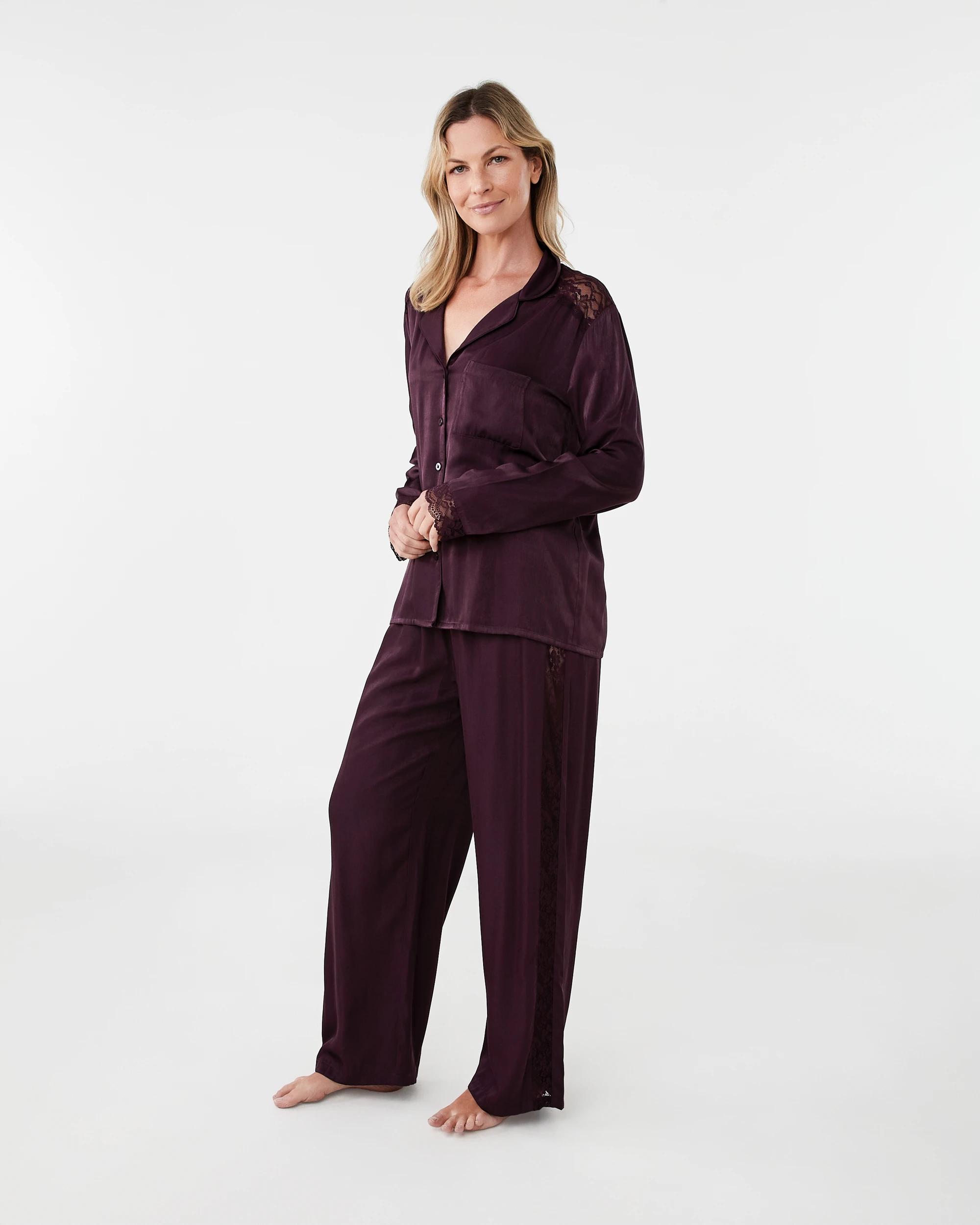 2 Lace Trim Matte Satin Pyjama Set Night Plum, 2 of 9