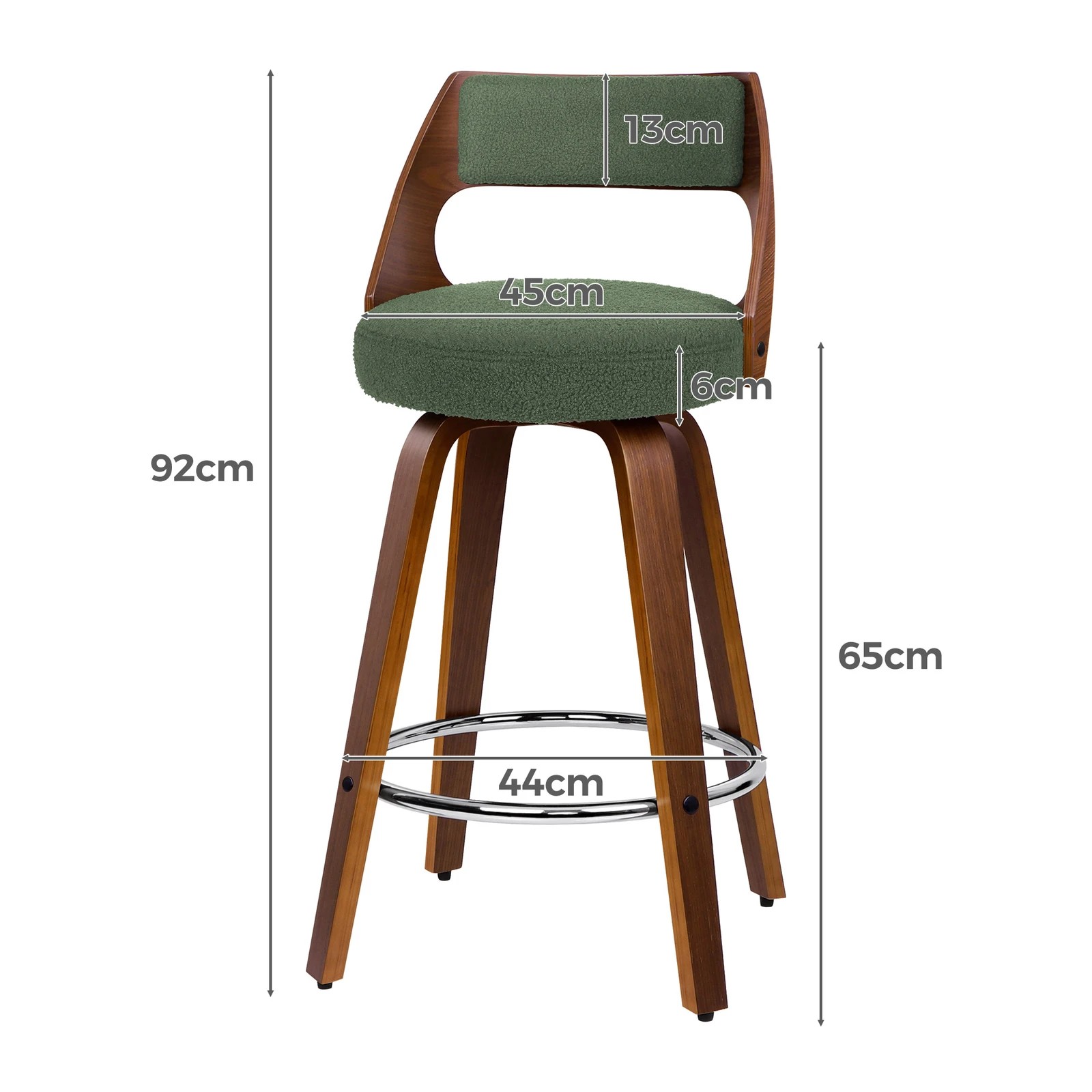 3 Alfordson 2x Swivel Bar Stools 65cm Kitchen Wooden Dining Chair Boucle - Green, 3 of 10