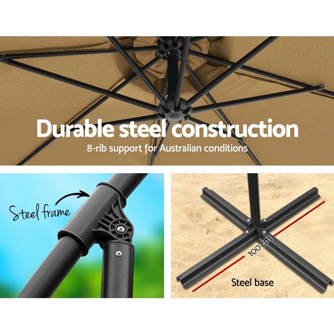 3 Instahut 3m Outdoor Umbrella w/Base Cantilever Beach Garden Patio - Beige, 3 of 6