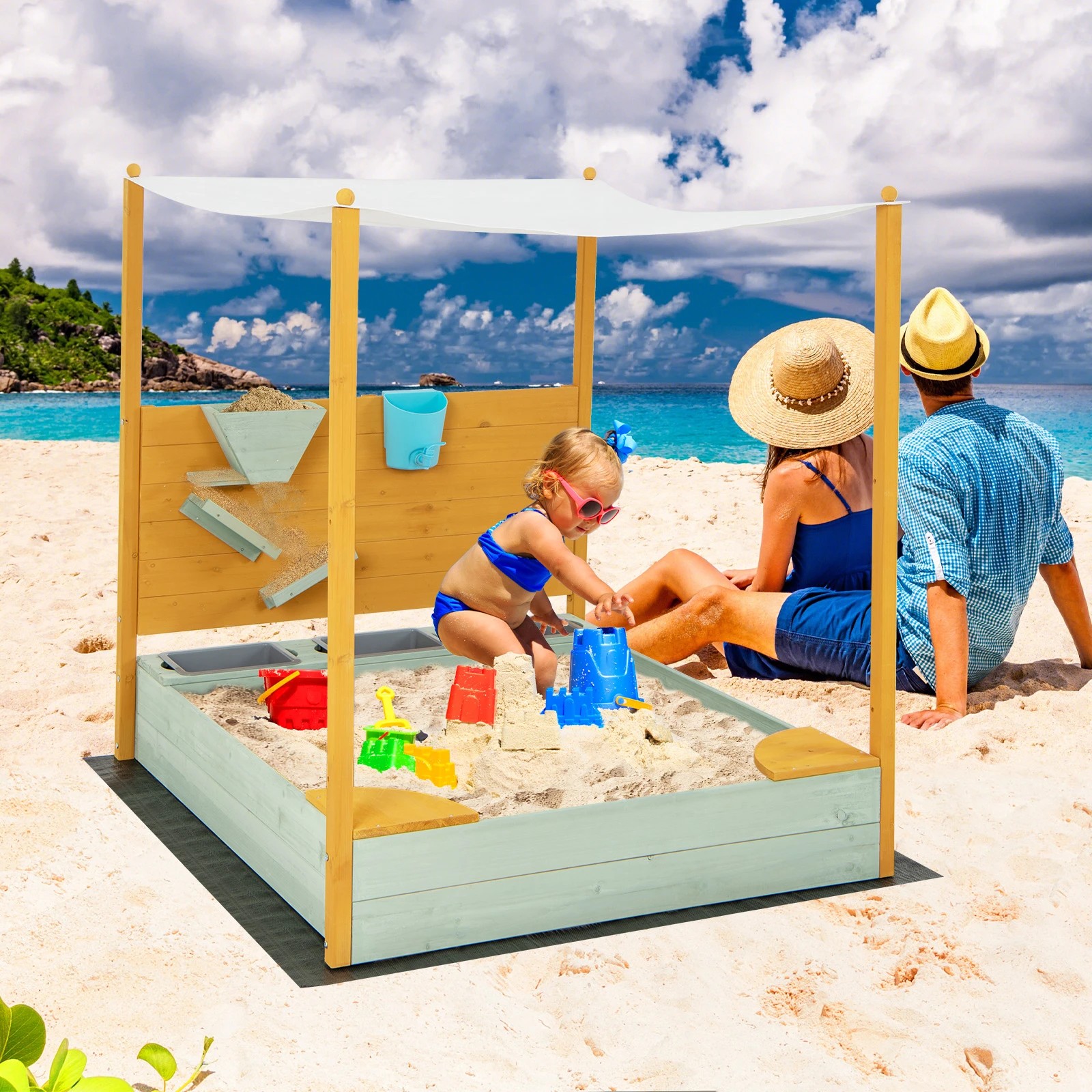 2 Costway Sandbox Beach Seat Toy Outdoor Wooden Sandpit, 2 of 3