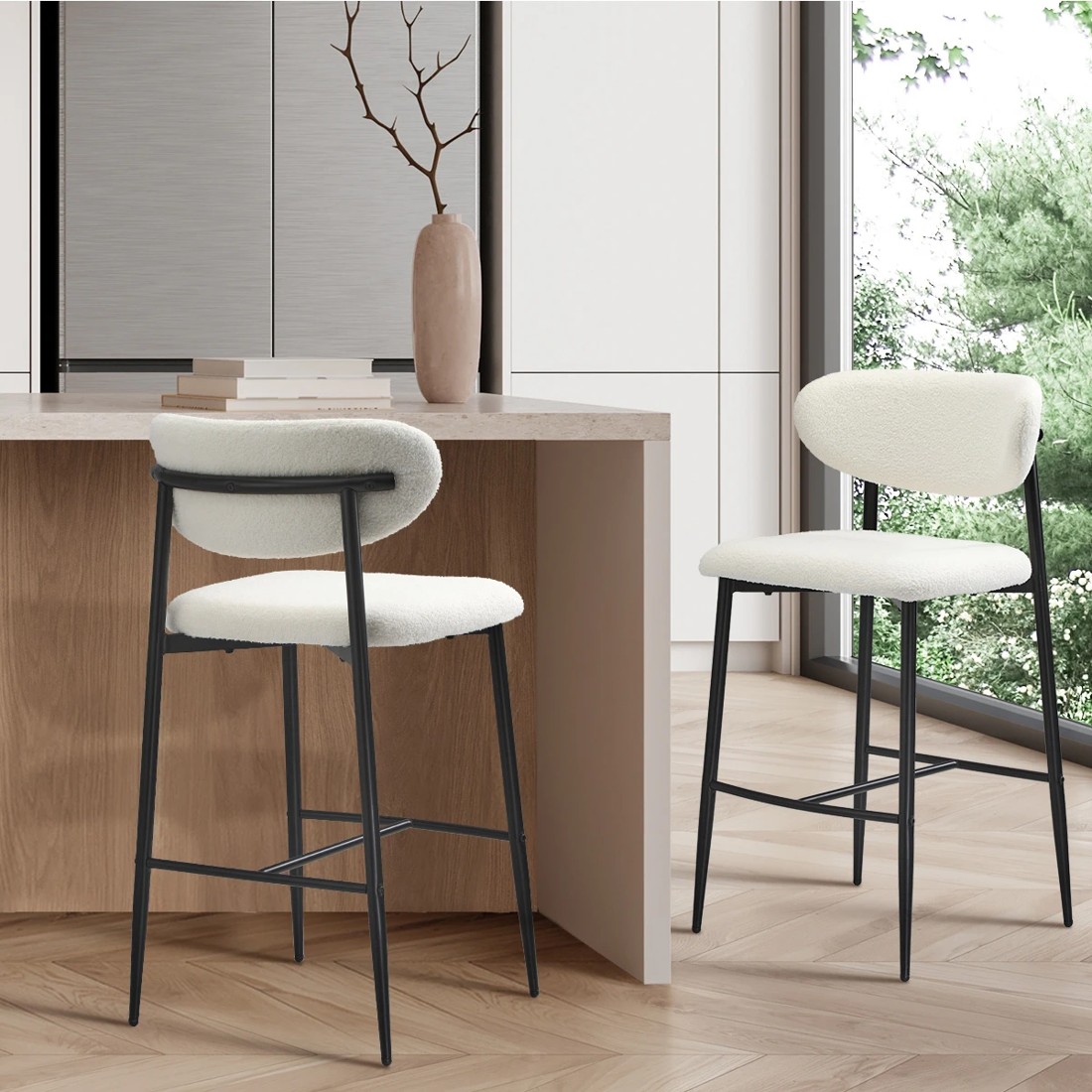 3 Oikiture 2x Bar Stools Kitchen Stool Counter Chair Boucle Fabric
 - Black, 3 of 10