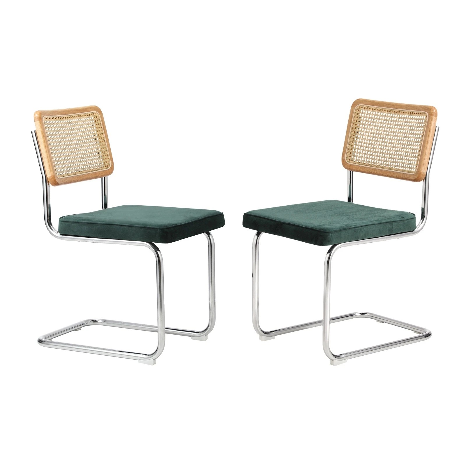 1 Oikiture 4x Rattan Dining Chair Cesca Replica Cantilever Velvet Padded - Green, 1 of 9