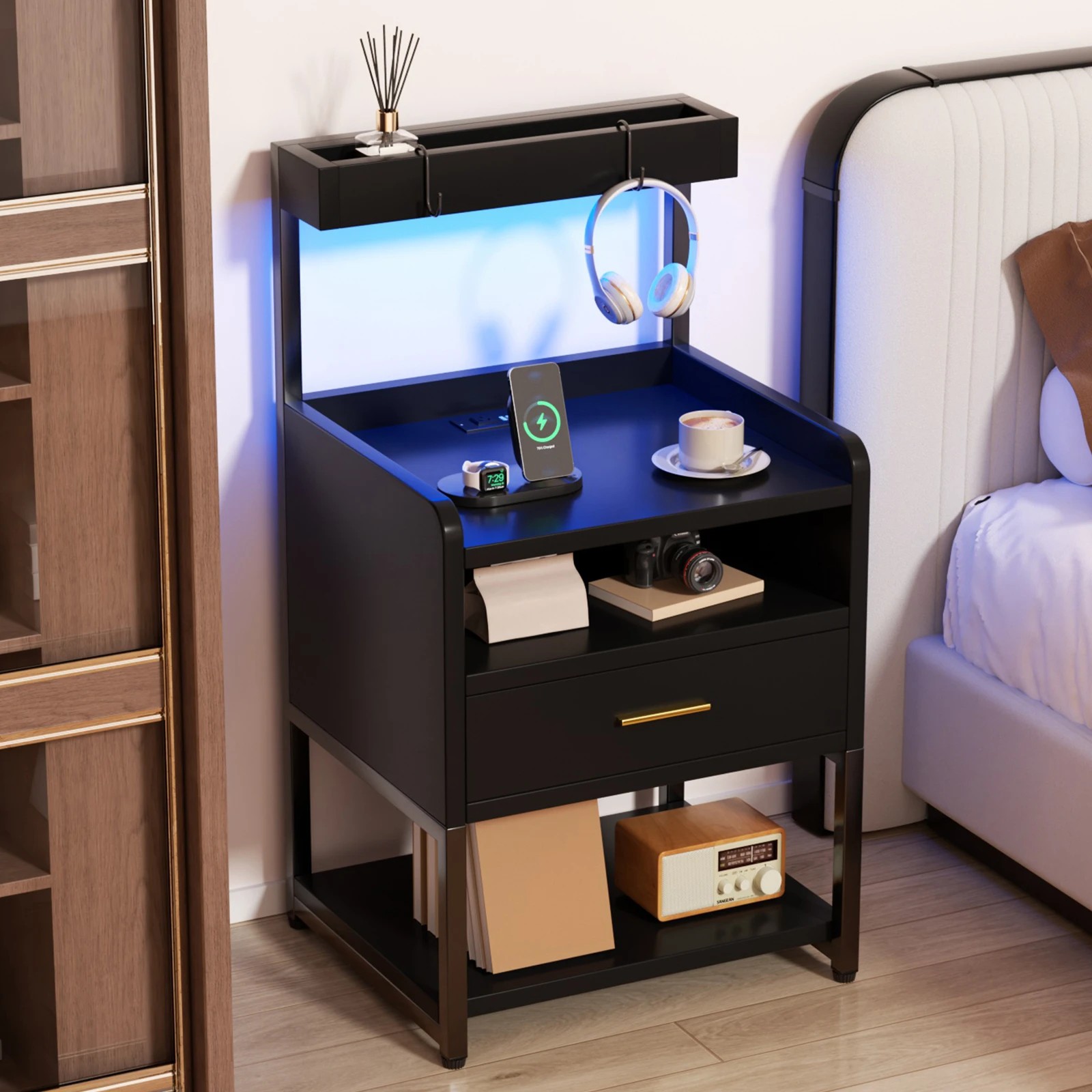 2 Advwin Bedside Table with Charging Station LED Lights Drawer and Open Storage Shelves - Black, 2 of 10