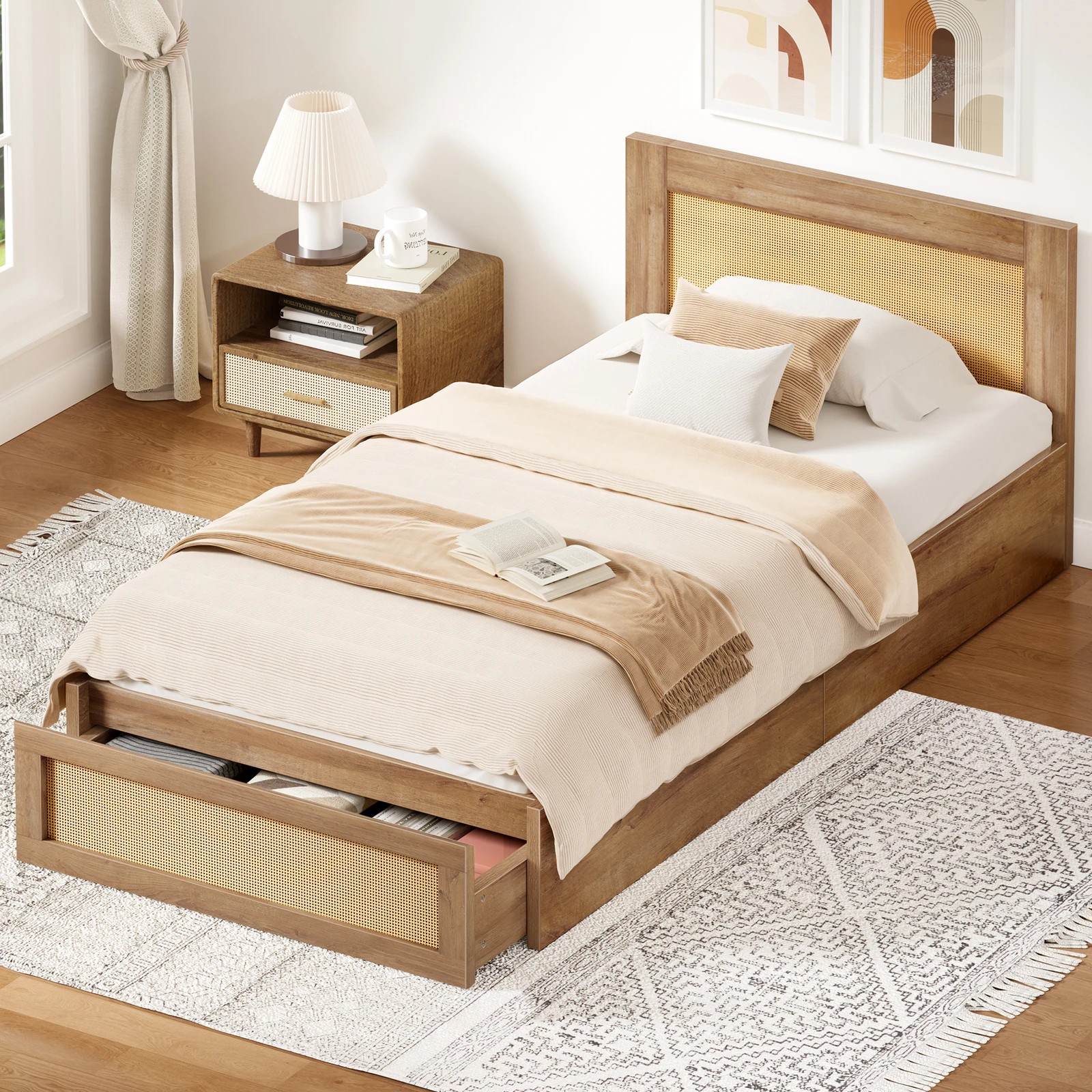 10 Alfordson Wooden Bed Frame Single Size Rattan Bed Base with Storage Drawer - Oak, 10 of 10