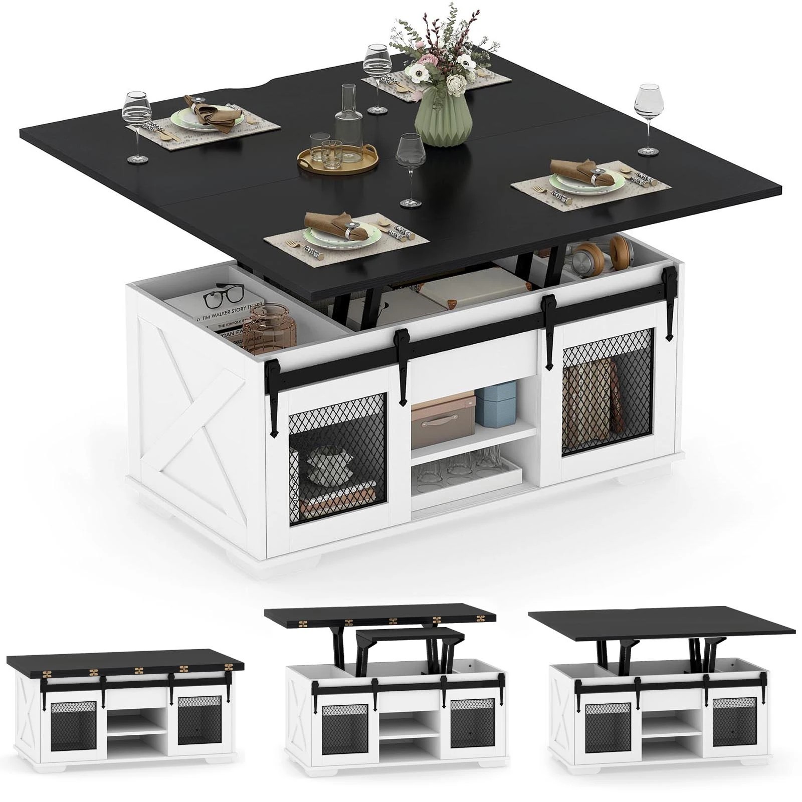 6 Costway Lift Top Coffee Table 3-in-1 Dining Table Farmhouse Center Table - Black, 6 of 7