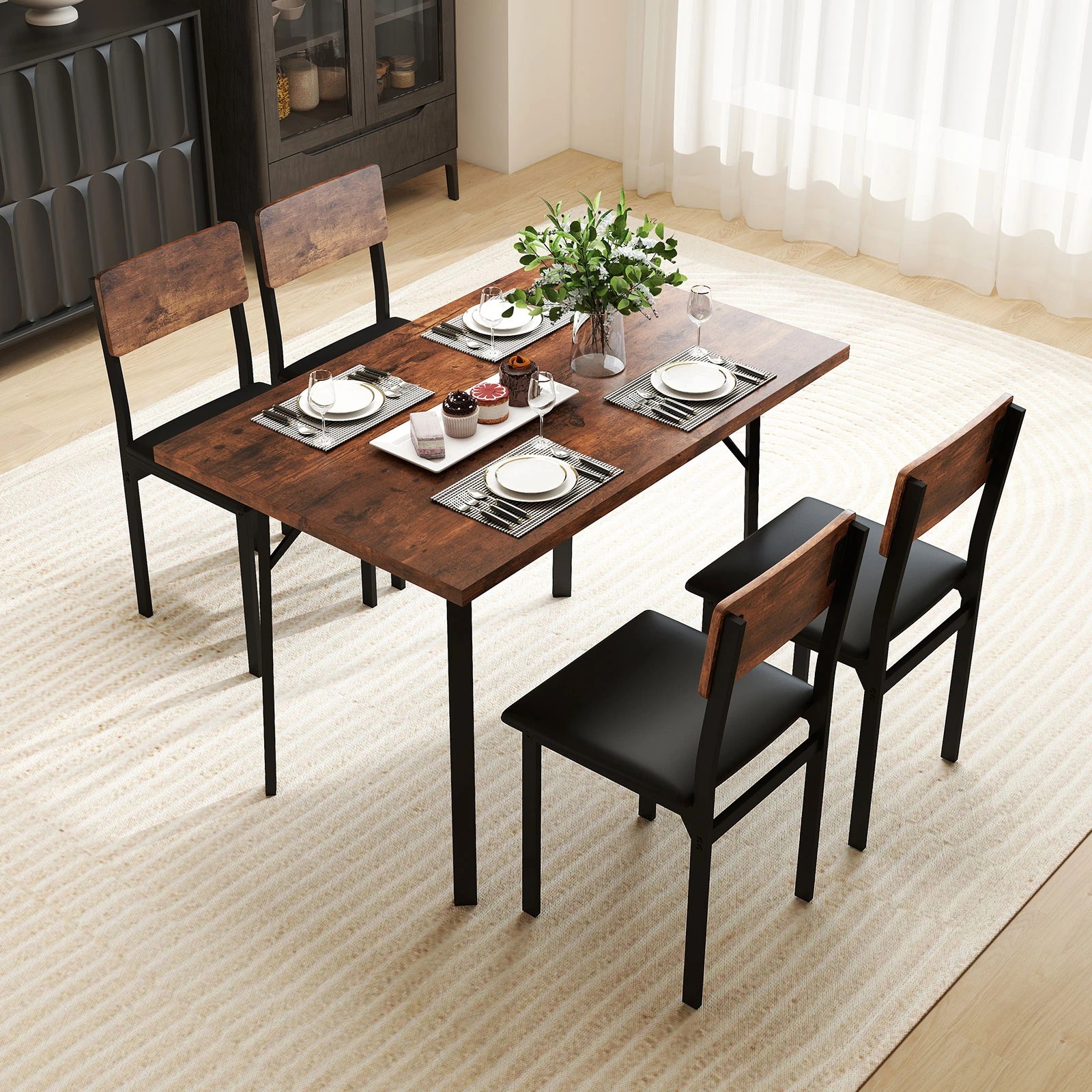 2 Costway 5PCS Dining Table Set w/Kitchen Table & 4 Metal Legs Upholstered Chairs - Brown, 2 of 4