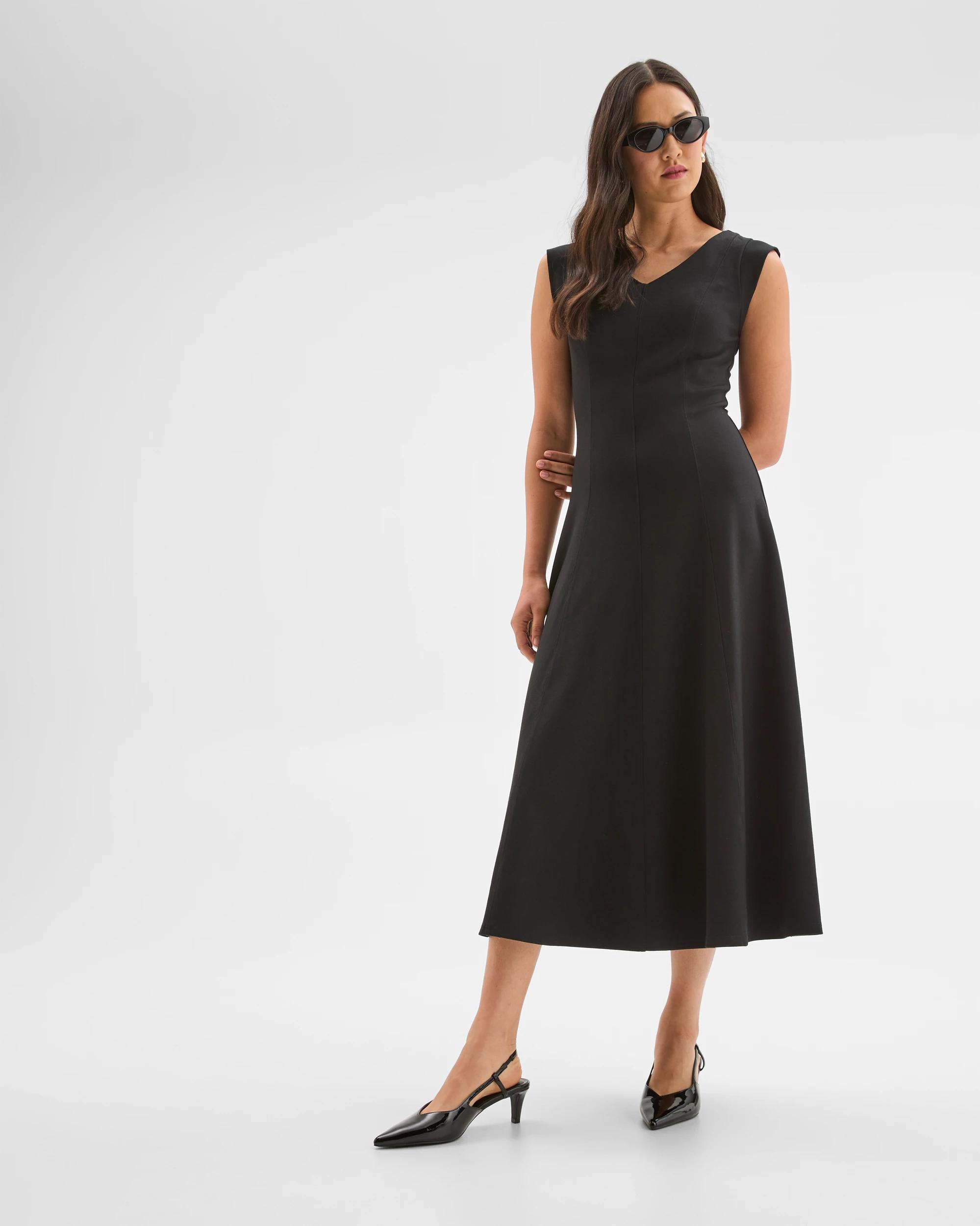 1 Preview Ponte Sleeveless Seamed A-Line Midi Dress BLACK, 1 of 7