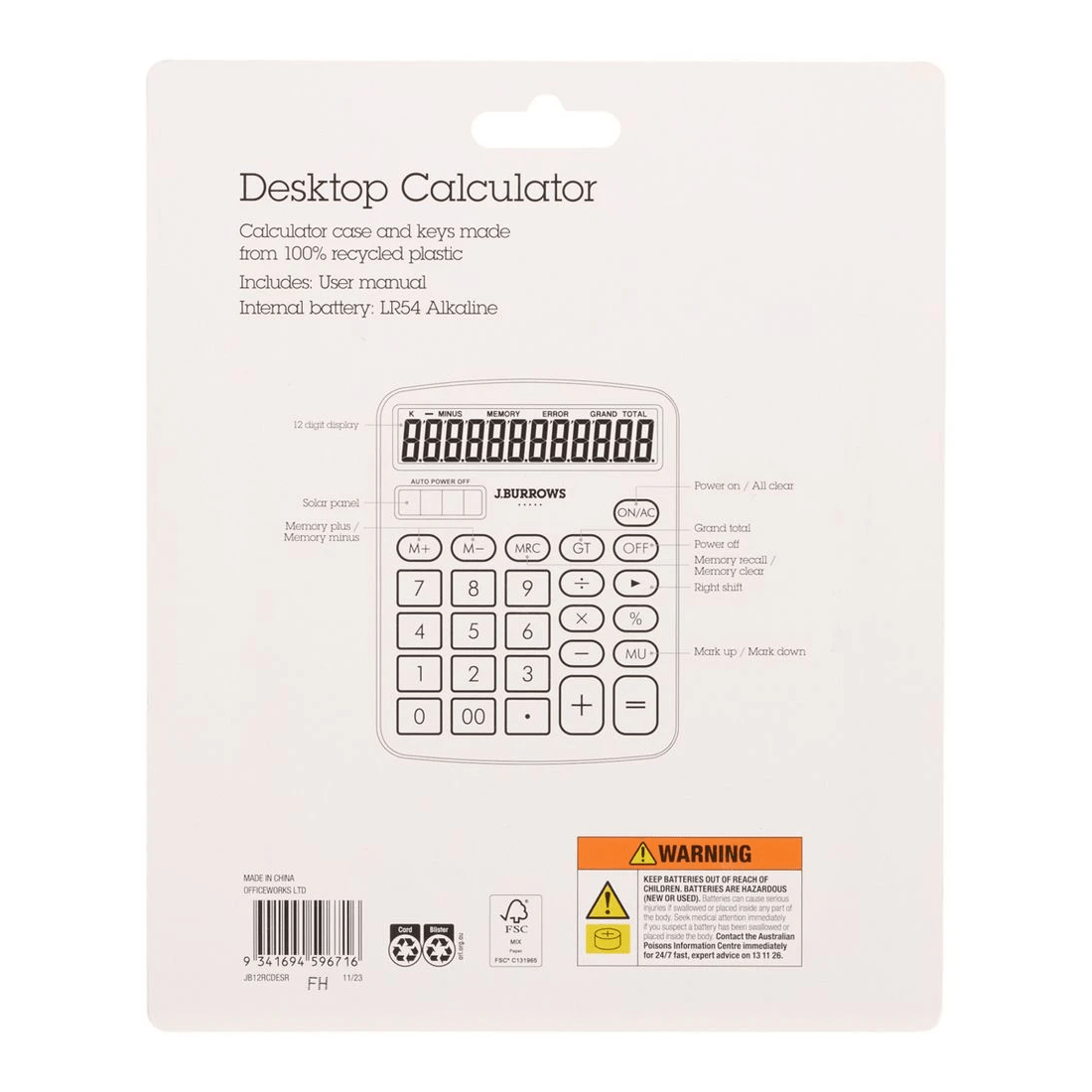 3 J.Burrows Recycled Desktop 12 Digit Calculator Silver, 3 of 4