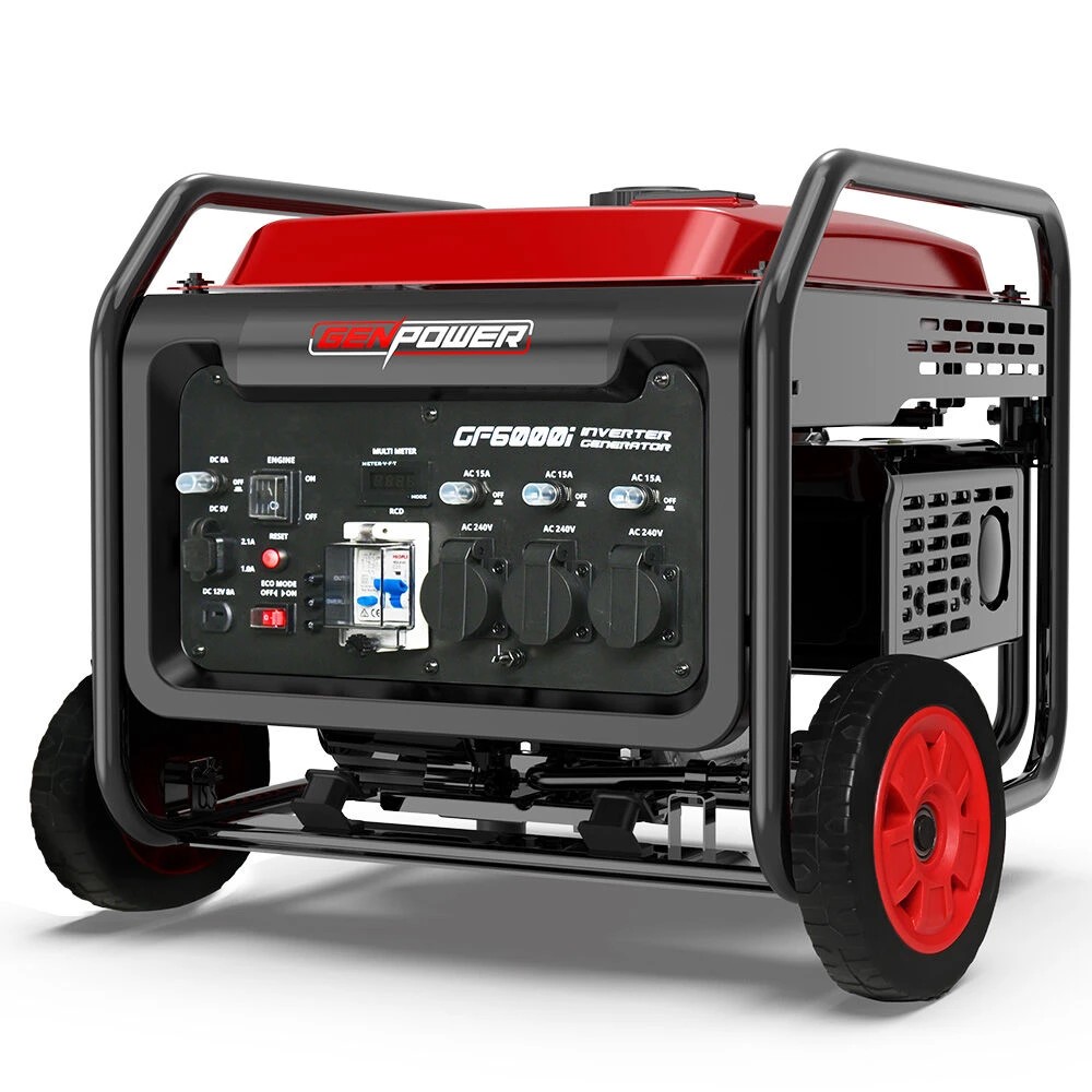 1 GenPower 6kW Peak 5kW Open Frame Inverter Generator, 3x15A, 15L Tank, Wheels, RCD, Portable, Backup, 1 of 1