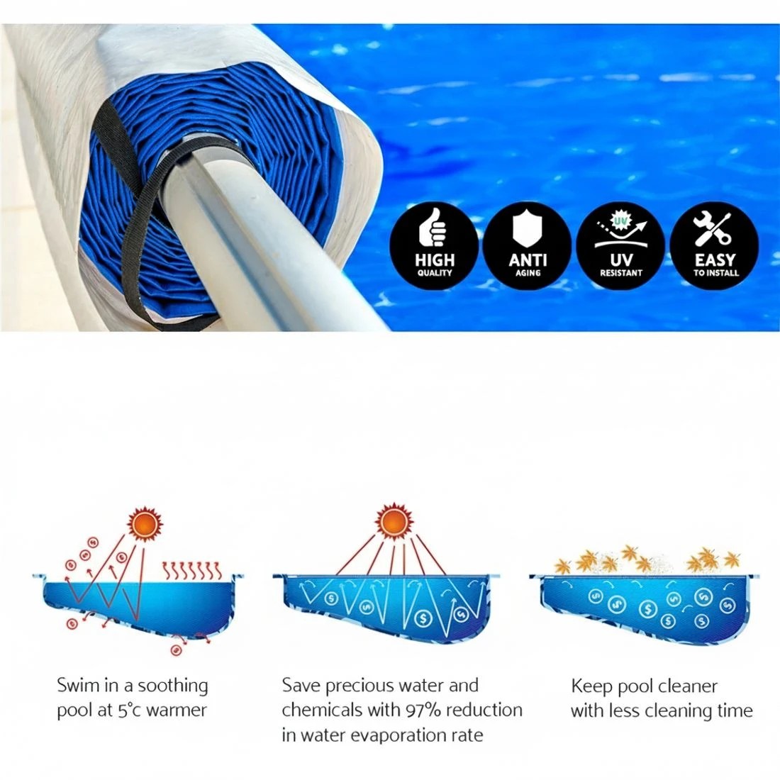 4 Aquabuddy Pool Cover 500 Micron 10x4m Swimming Pool Solar Blanket 5.5m Roller - Multi, 4 of 6