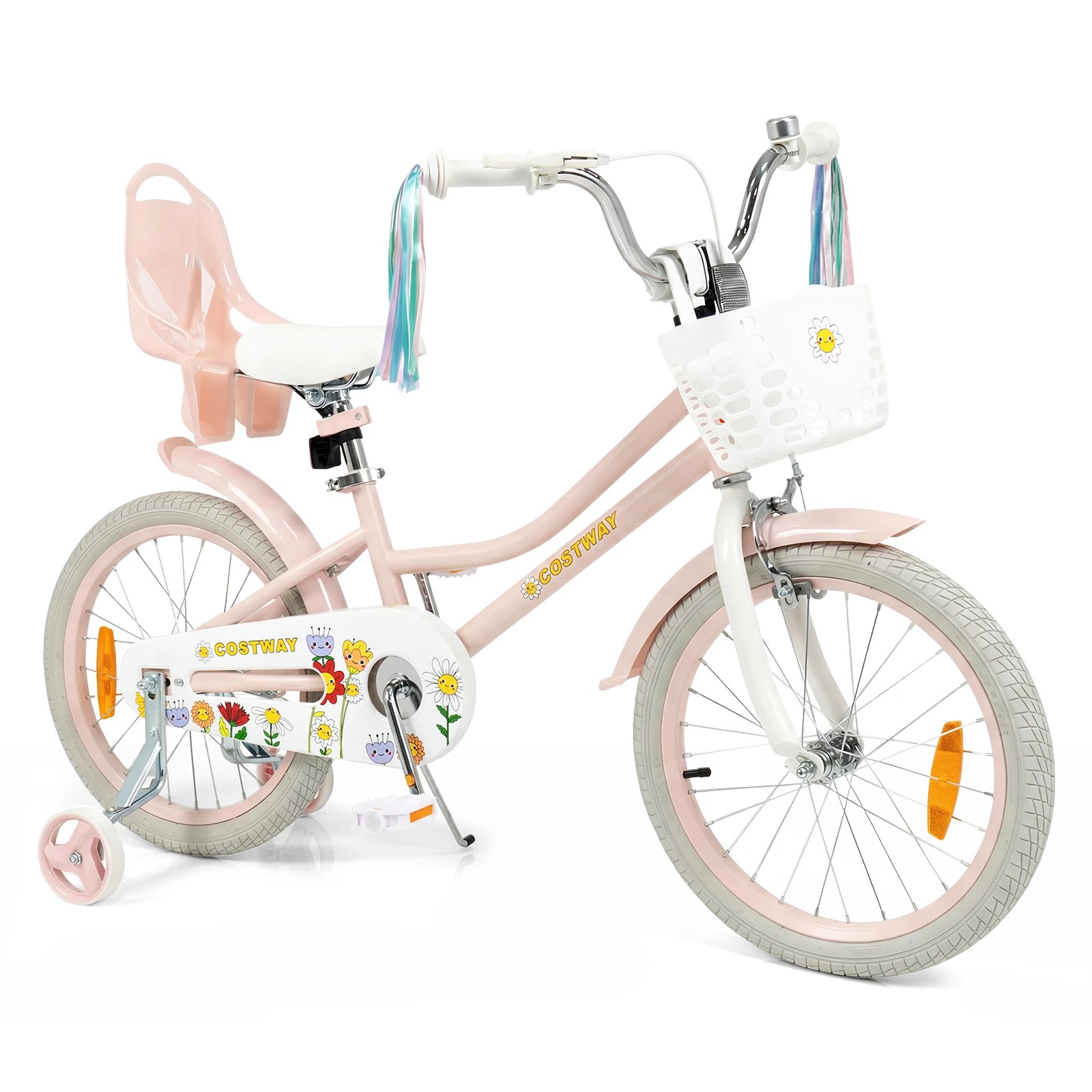 1 Costway 45cm Kids Bike Bicycle Ride-on w/Training Wheels & Doll Seat & Front Basket Beginner - Pink, 1 of 1