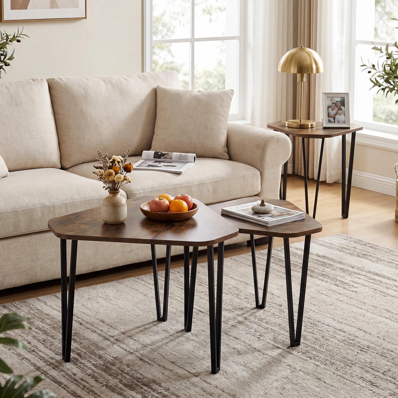 4 Costway Industrial Nesting Coffee Table Set of 3 Stacking Sofa Side Table Set, 4 of 6