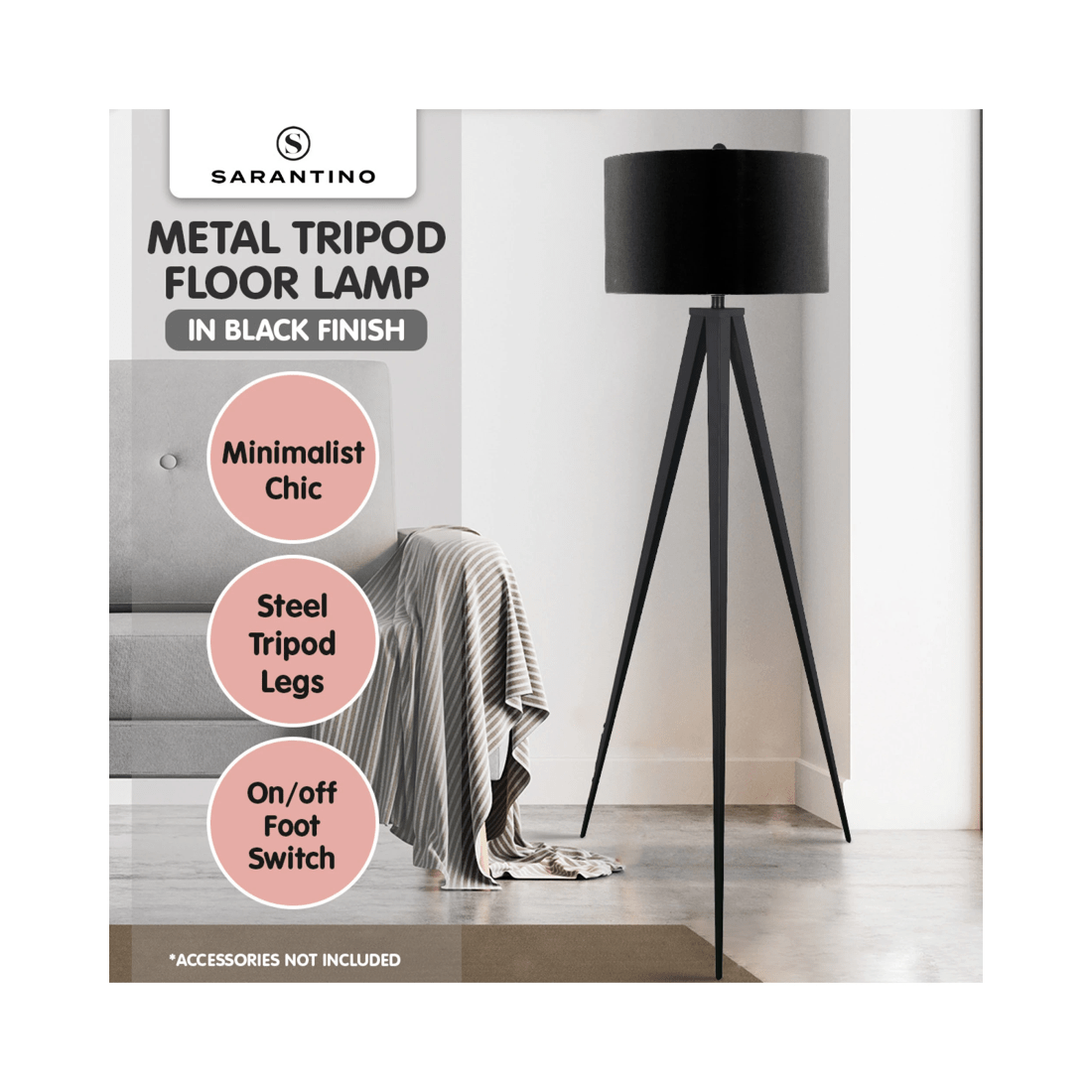 3 Sarantino Minimalist Modern Tripod Floor Lamp Black, 3 of 6