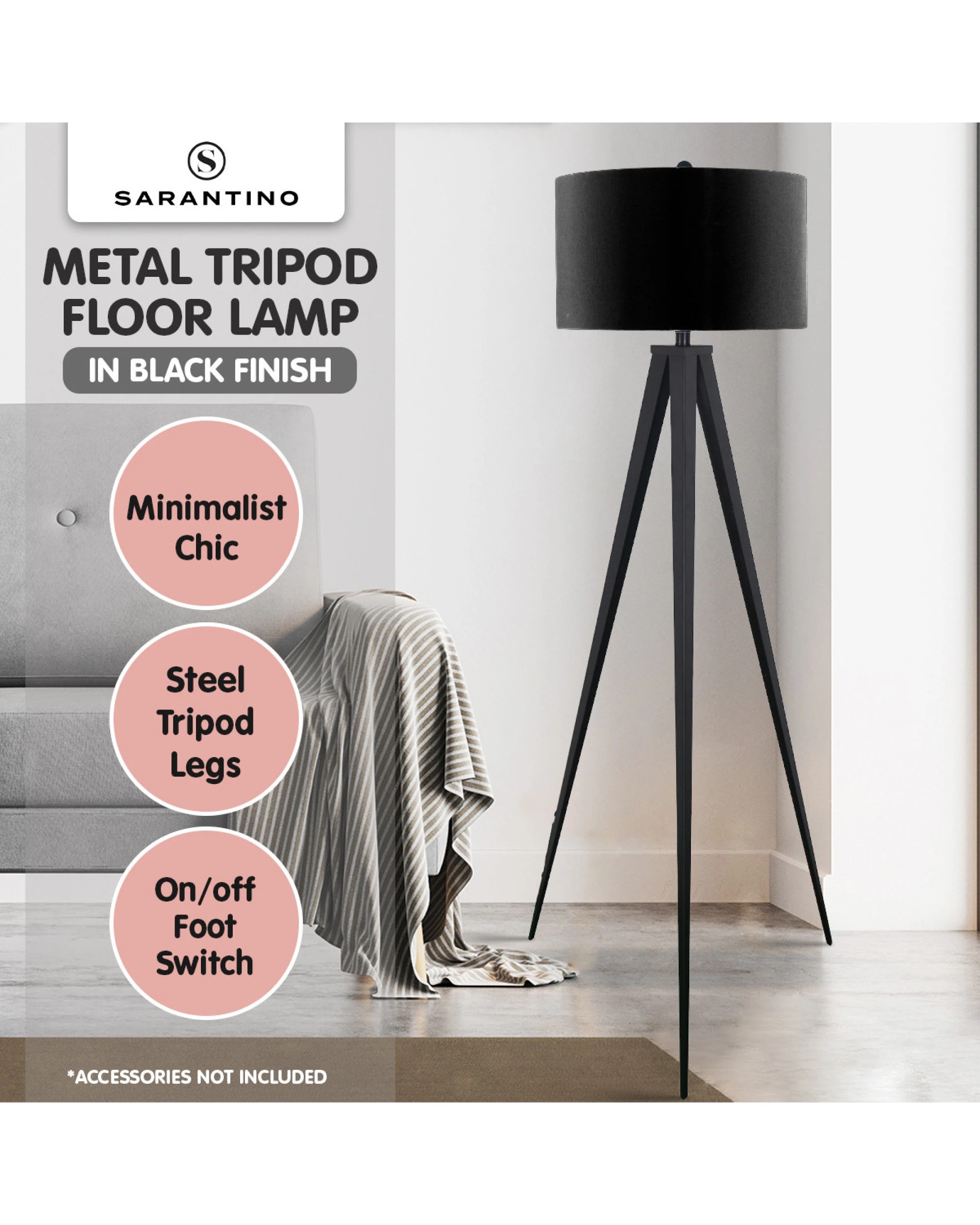 3 Sarantino Minimalist Modern Tripod Floor Lamp Black, 3 of 6