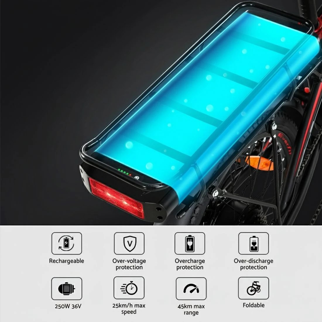 6 Everfit Folding Electric Bike Urban City Bicycle eBike Rechargeable Battery 250W - Black, 6 of 7