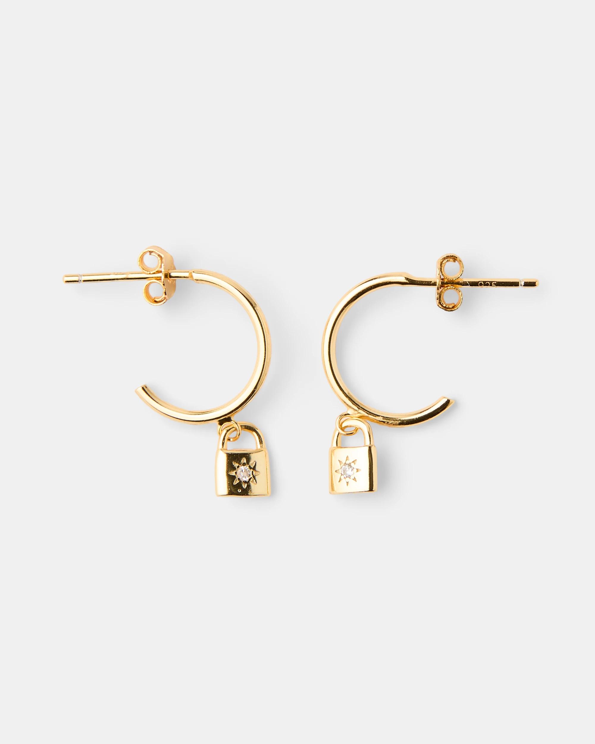 1 Gold Plated Sterling Silver 925 Cubic Zirconia Lock Huggie Hoop Earrings Gold, 1 of 4