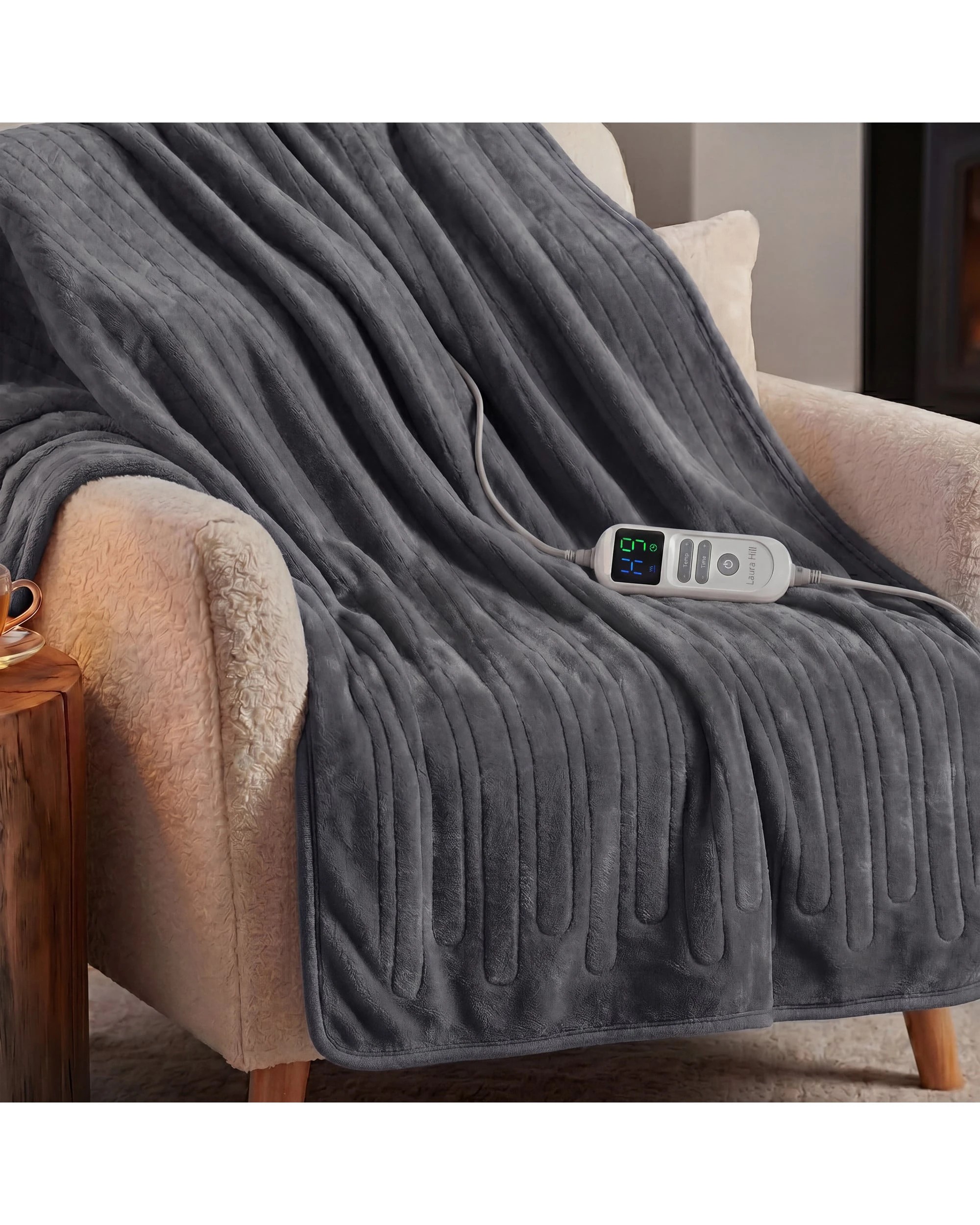 4 Laura Hill XL Electric Heated Blanket Throw Soft Coral Fleece 10 Heat Settings Machine Washable - Grey, 4 of 7