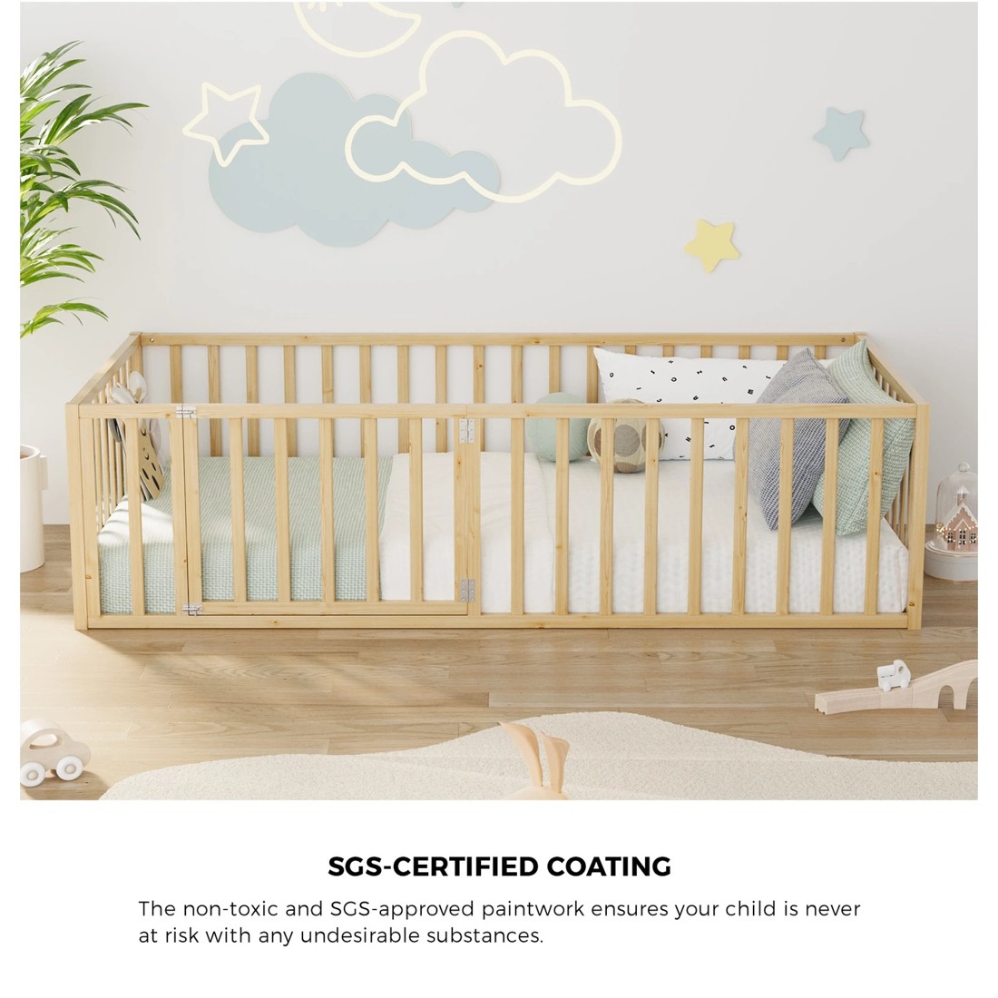 4 Oikiture 2-in-1 Kids Bed Play Centre Fence Gate Single Wood - Natural, 4 of 10