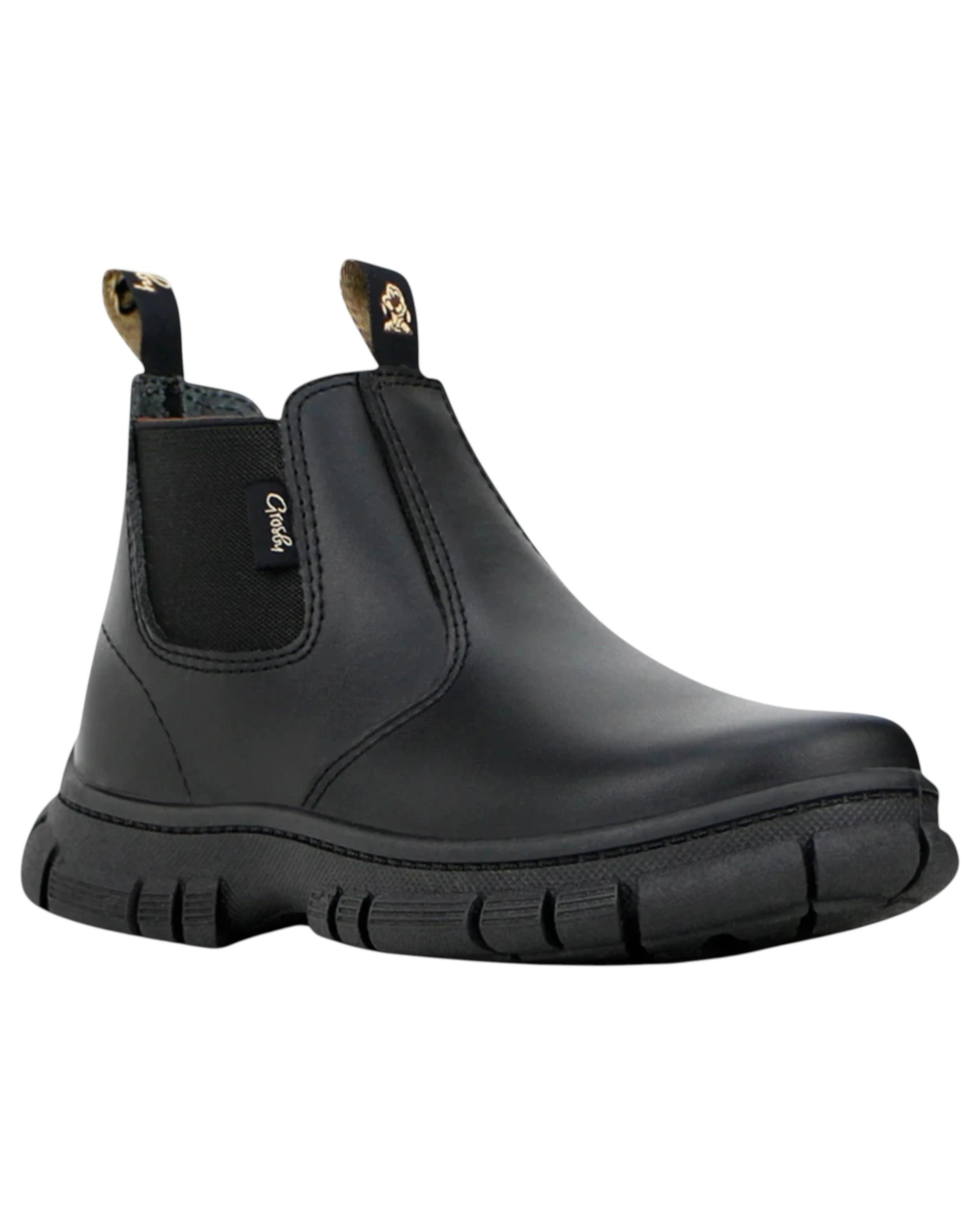 1 Grosby New Ranch Junior Boys Boots Black School Leather Slip On Shoes BLACK, 1 of 4