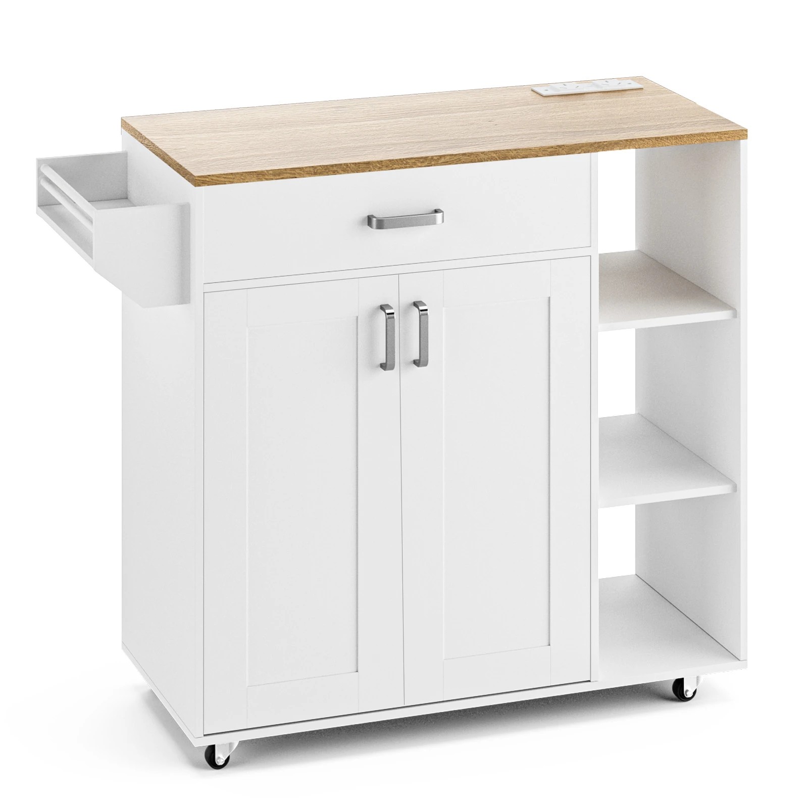 1 Advwin Kitchen Island Cart Rolling Trolley Cabinet on Wheels with Charging Station Adjustable Shelves Spice Rack - White, 1 of 8