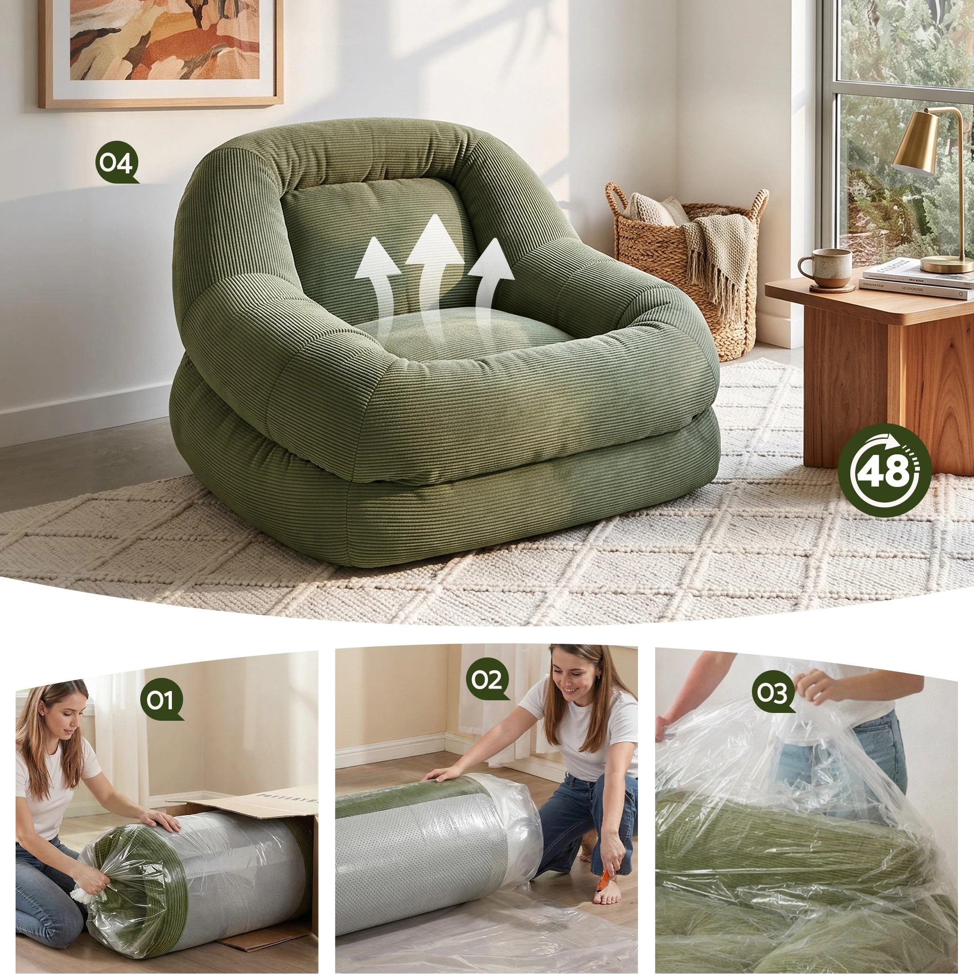 5 Artiss Armchair Floor Lounge Lazy Sofa, Compressed Corduroy Chaise Chair Green - Green, 5 of 8