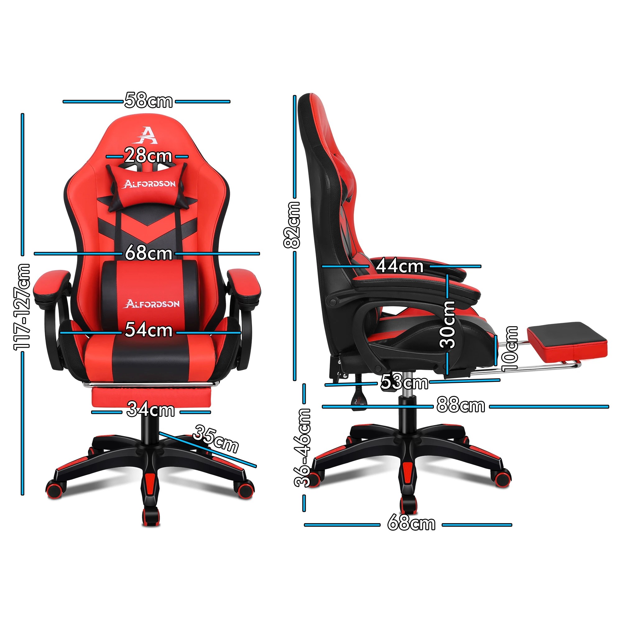 9 Alfordson Gaming Office Chair 12 RGB LED Massage Computer Seat Footrest - Red, 9 of 10