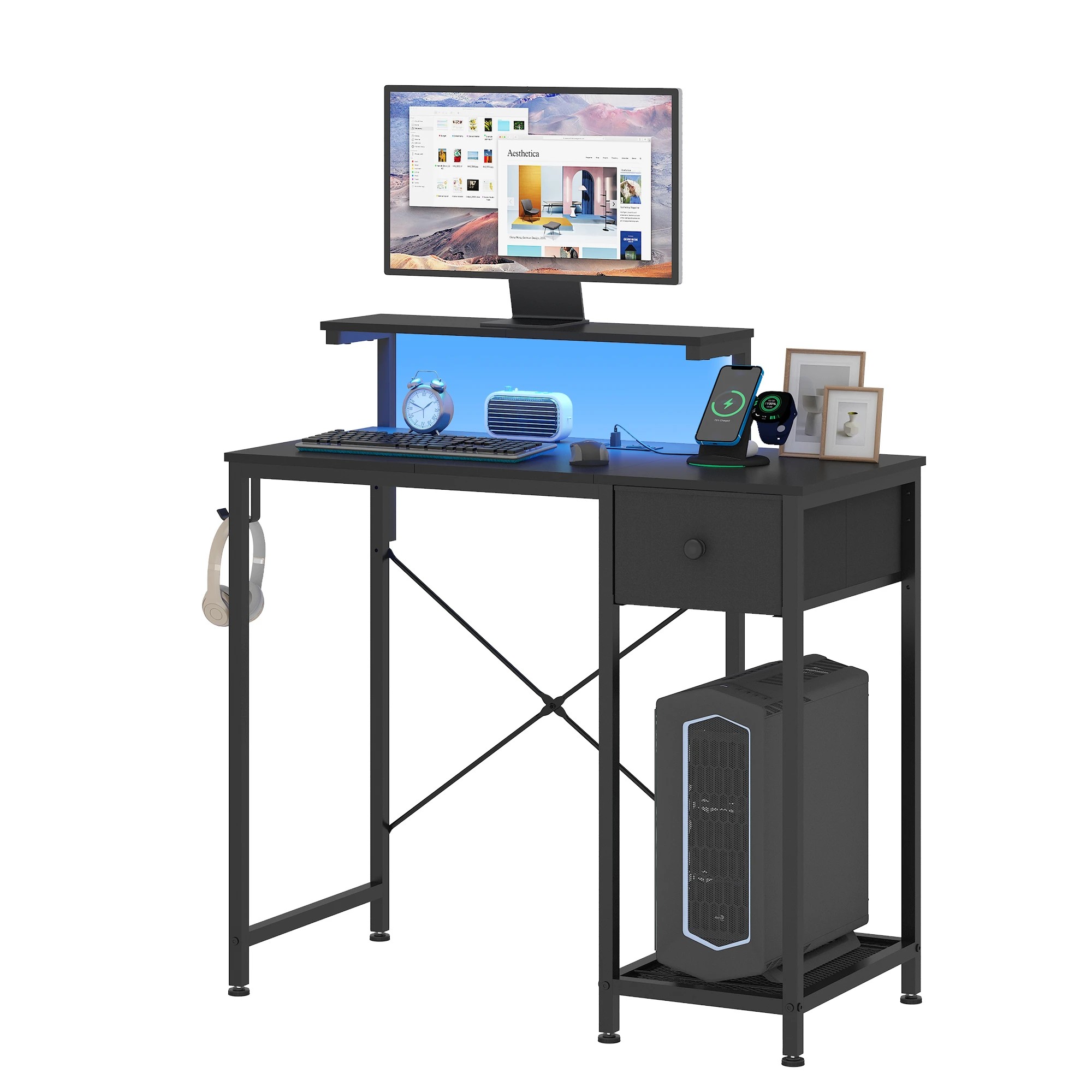 1 Advwin LED Gaming Desk with Adjustable Monitor Stand and Power Outlets Computer Desk with Reversible Shelf - Black, 1 of 9
