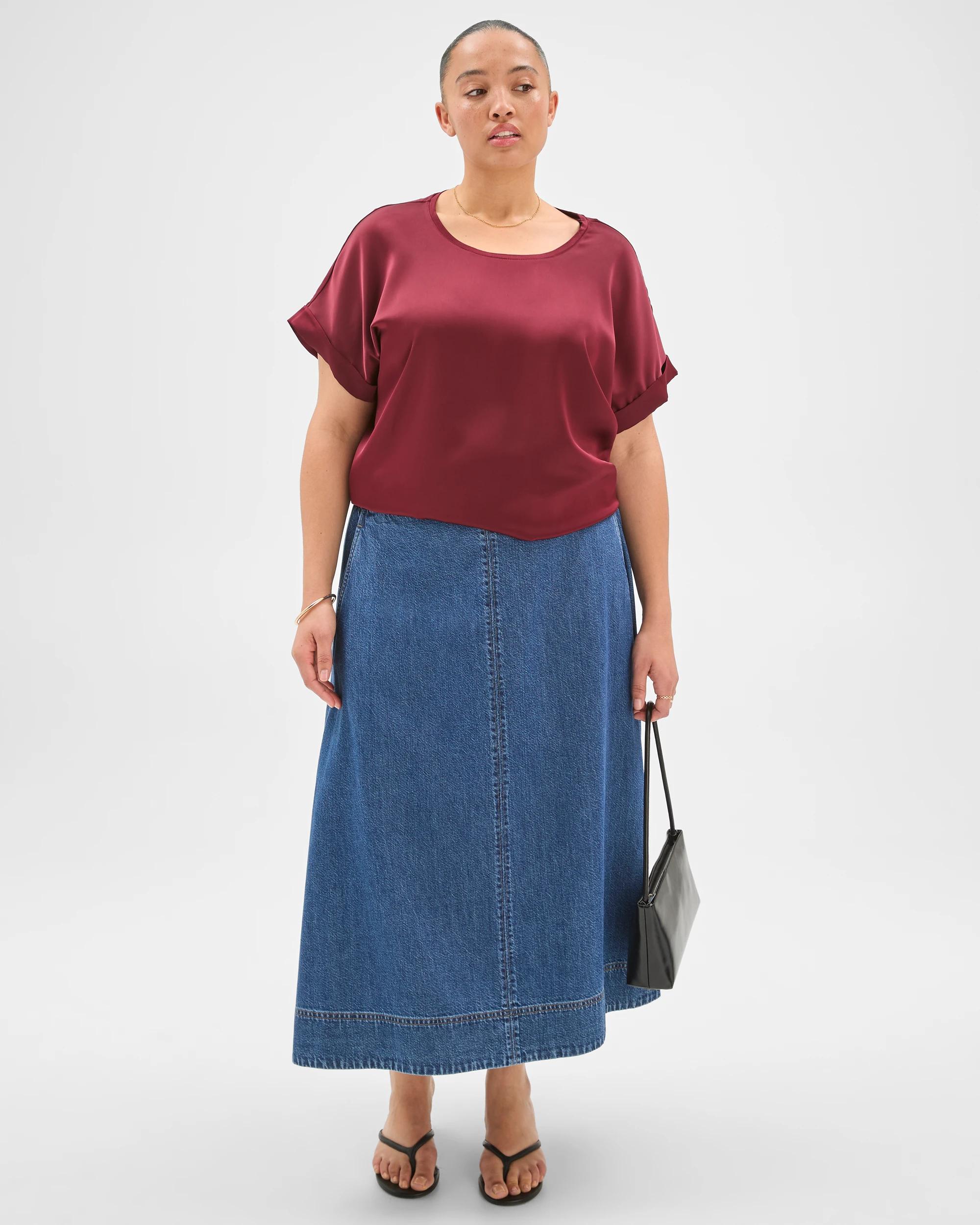 2 Target Curve Plus Size Elasticated Waist Denim Midi Skirt MID WASH, 2 of 7