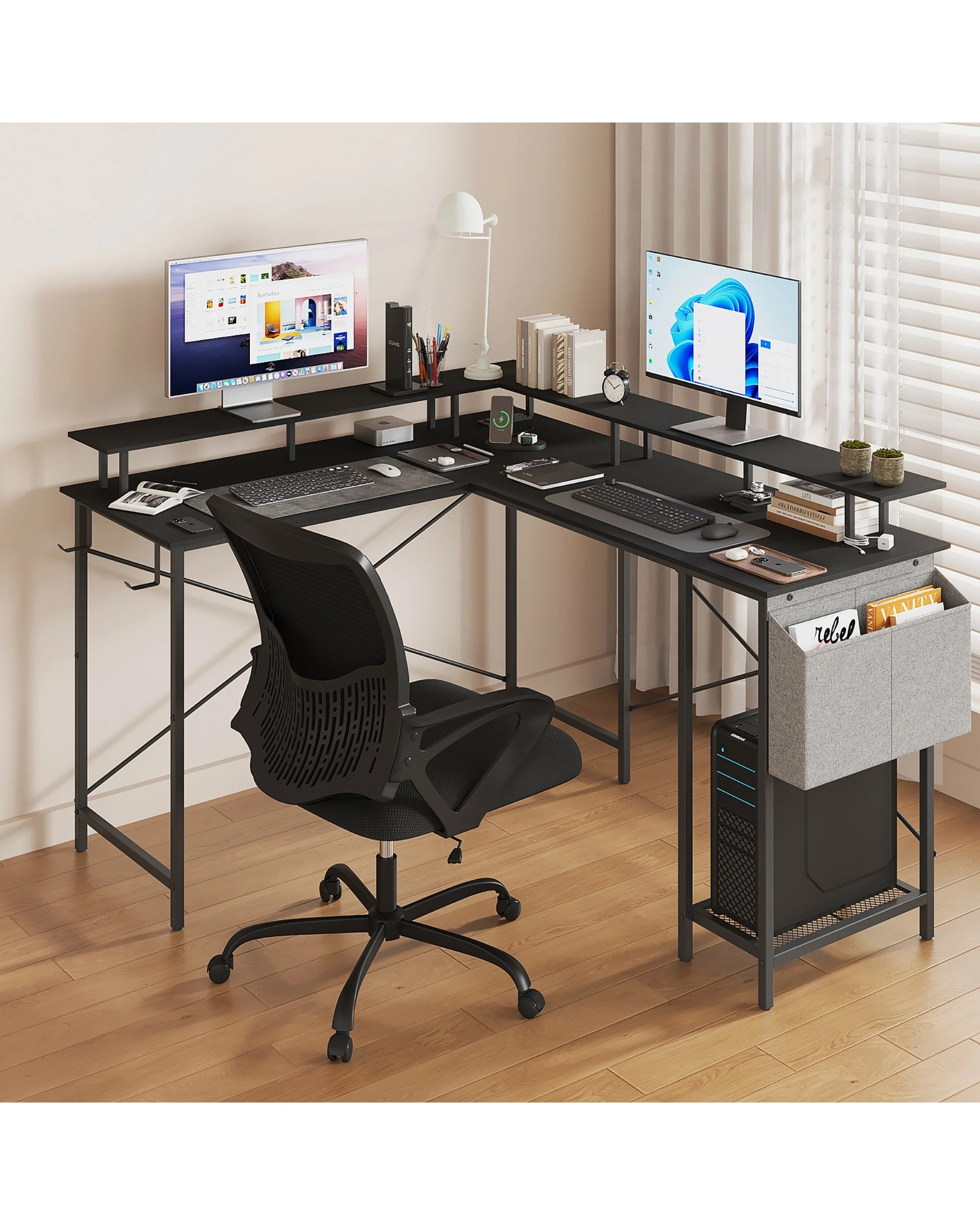 9 Advwin L Shaped Computer Gaming Desk With Led Lights & Power Outlets Black, 9 of 9