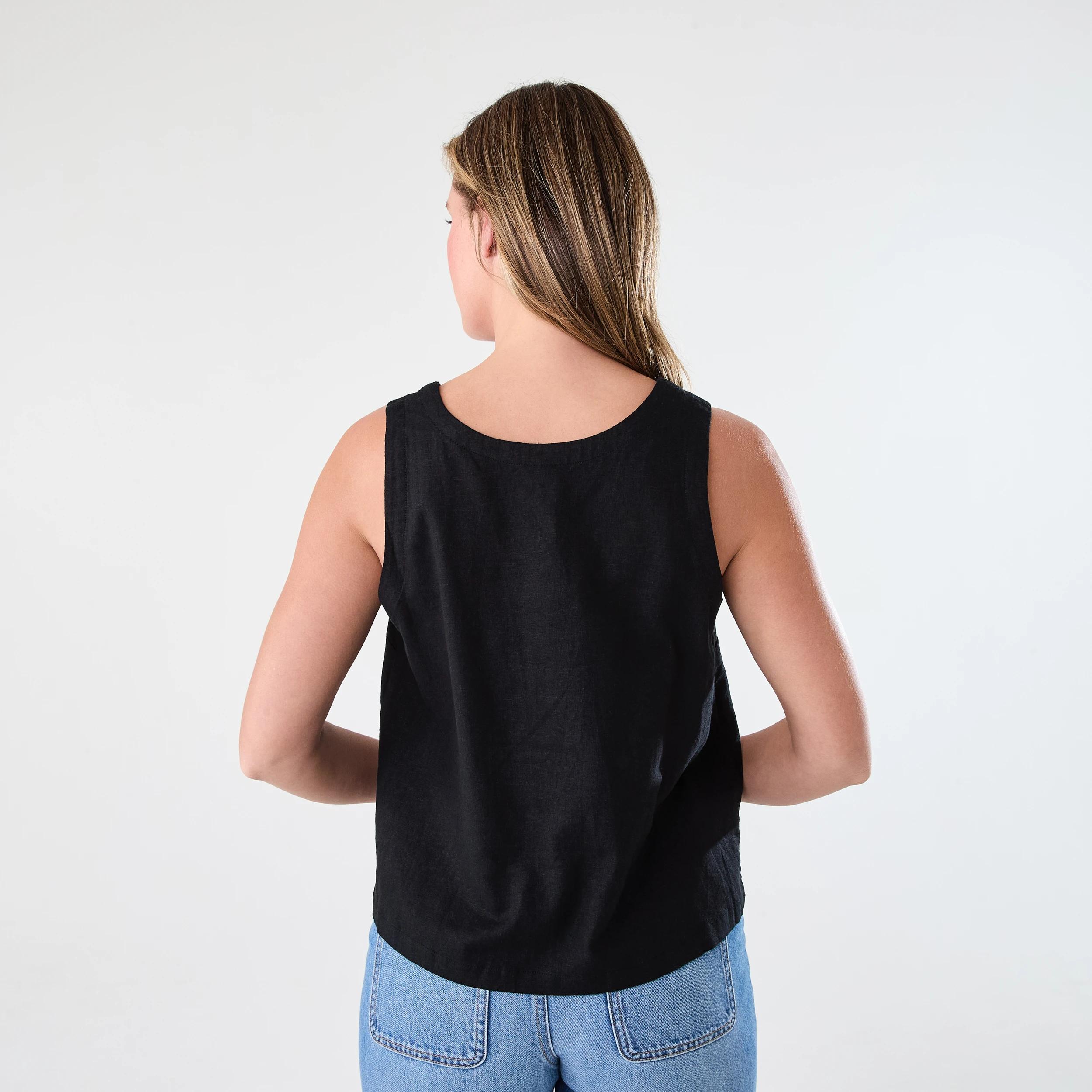 3 Sleeveless Linen Blend Scoop Neck Tank Black, 3 of 6